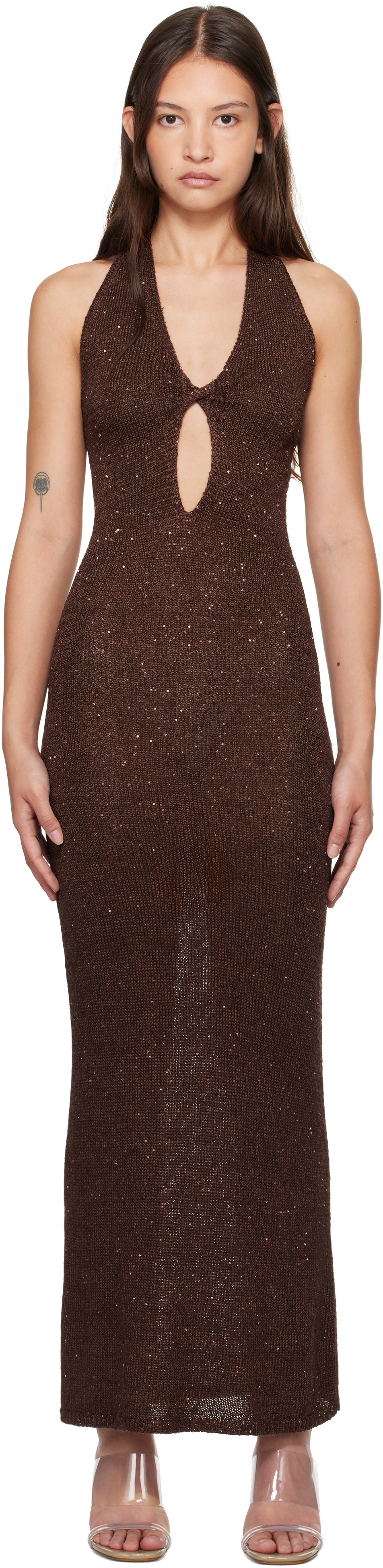 Brown Delfina Halter Midi Dress