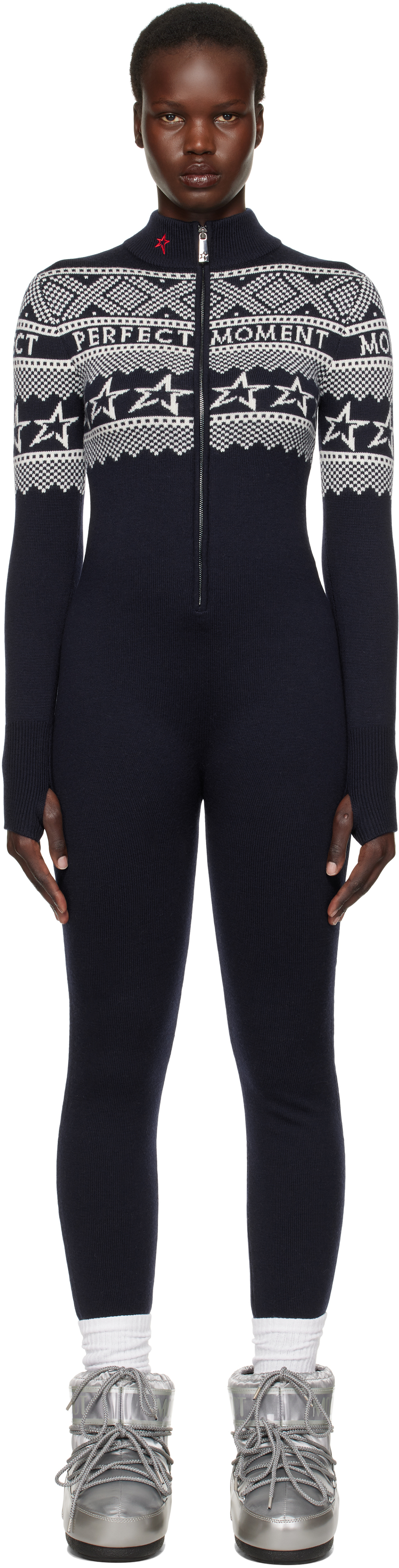 Navy Intarsia-Knit Merino Wool Jumpsuit