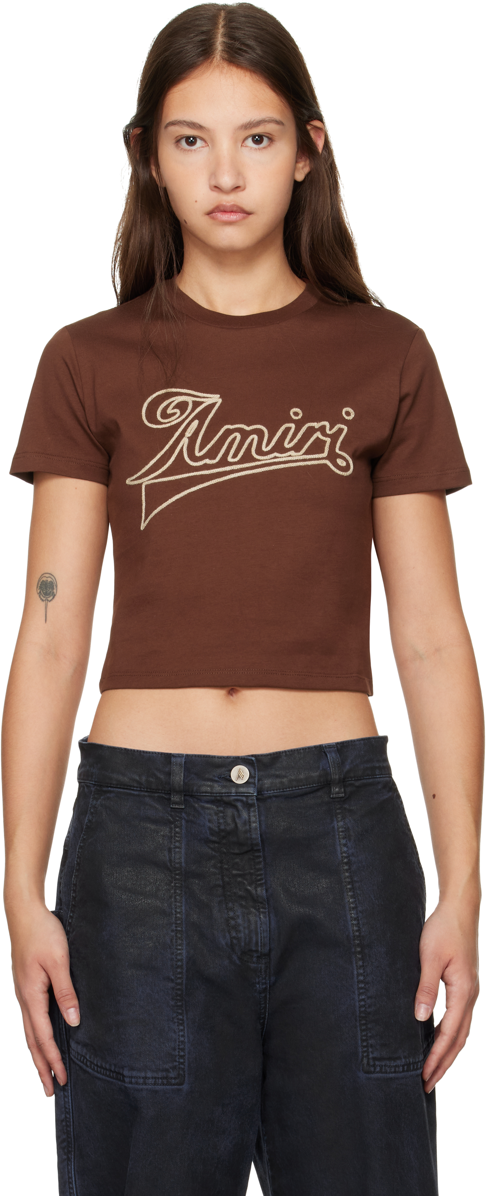 Amiri Logo Embroidered Cropped T In Chocolate