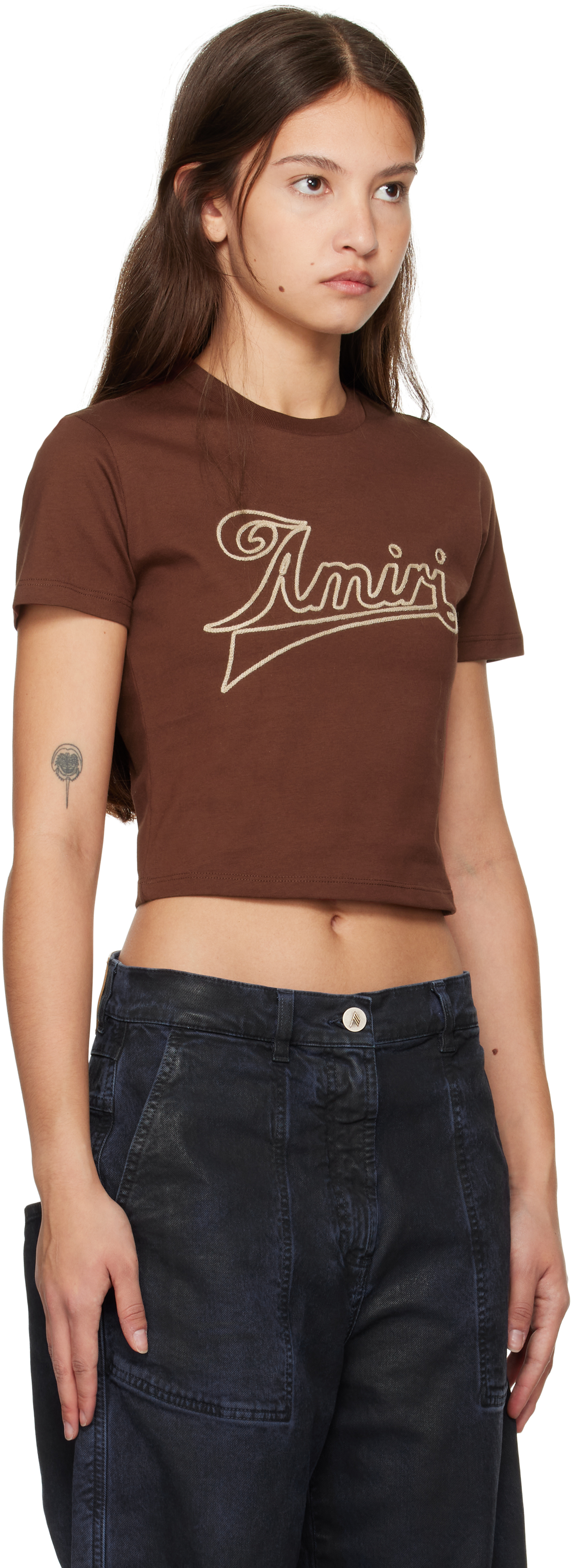 Amiri Logo Embroidered Cropped T In Chocolate