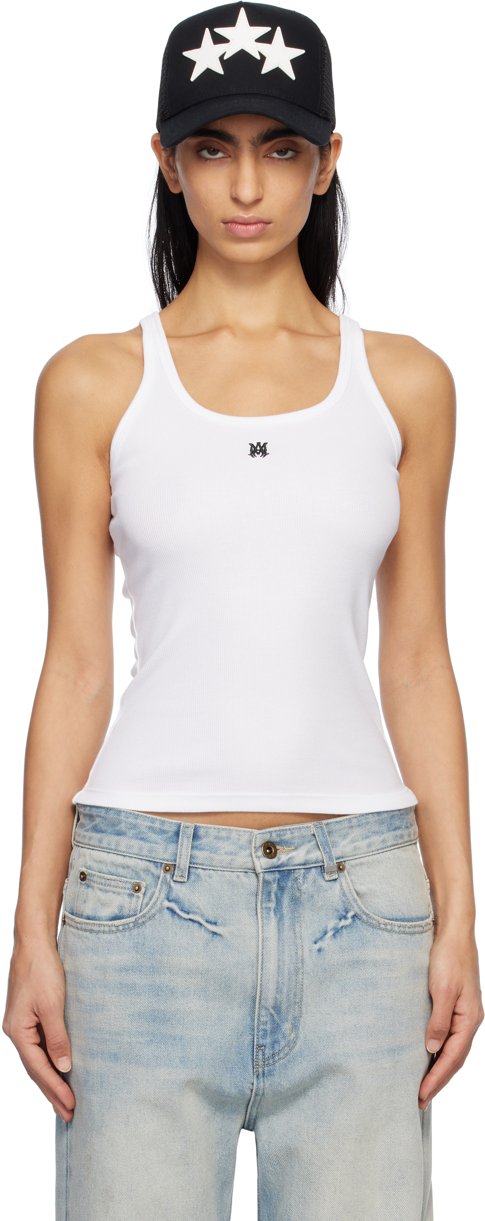 White 'MA' Embroidered Ribbed Tank Top