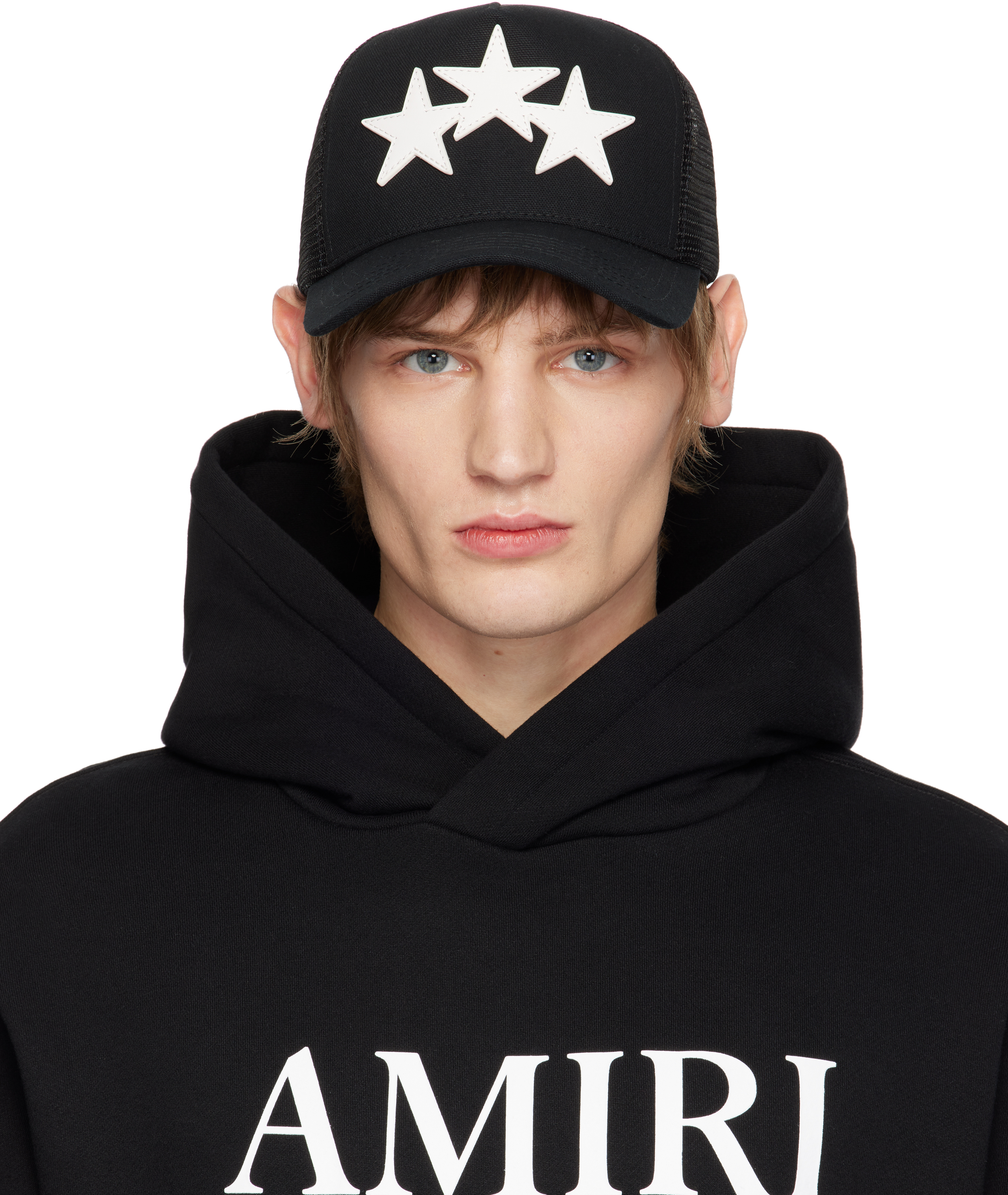 Amiri Black 3 Star Trucker Cap In Black/white