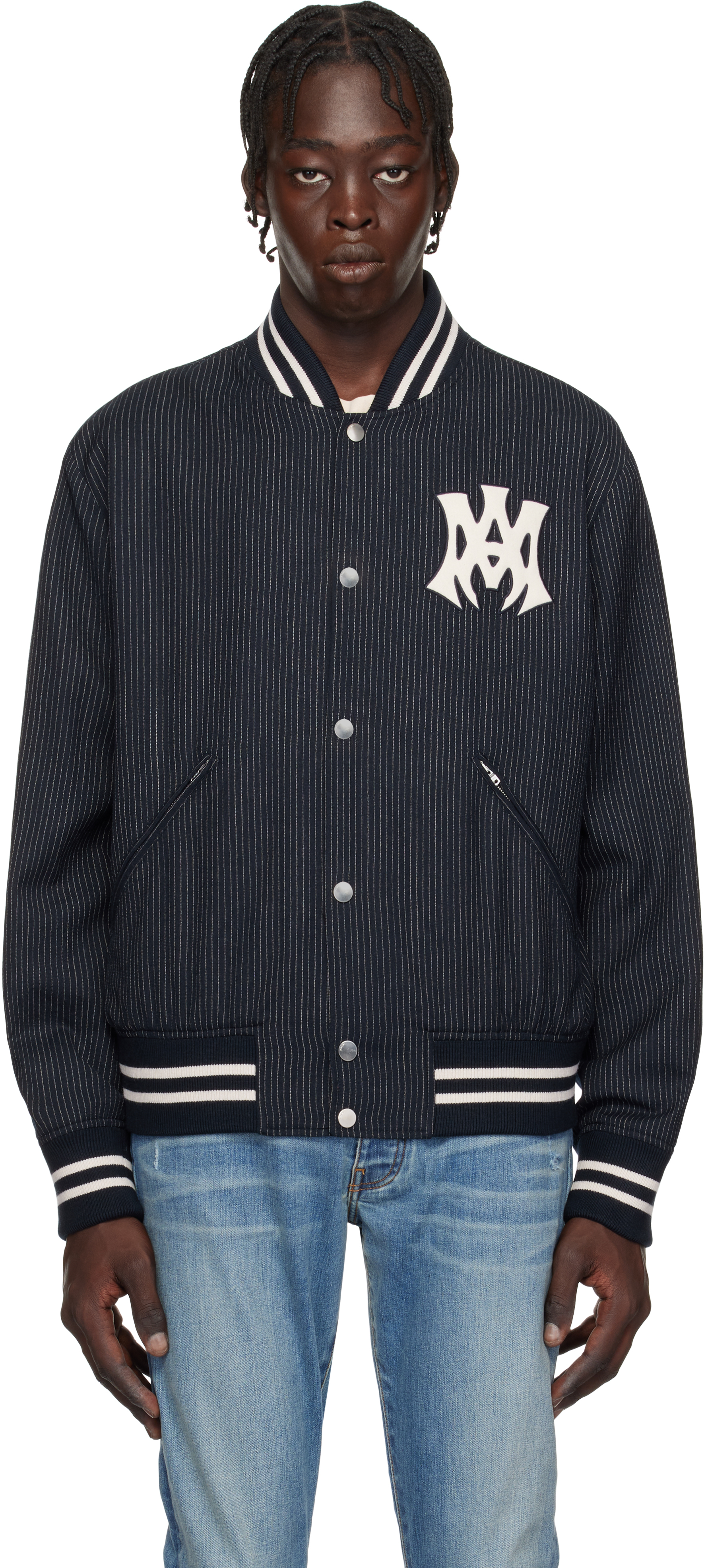 Navy 'MA Hollywood' Pinstripe Bomber Jacket