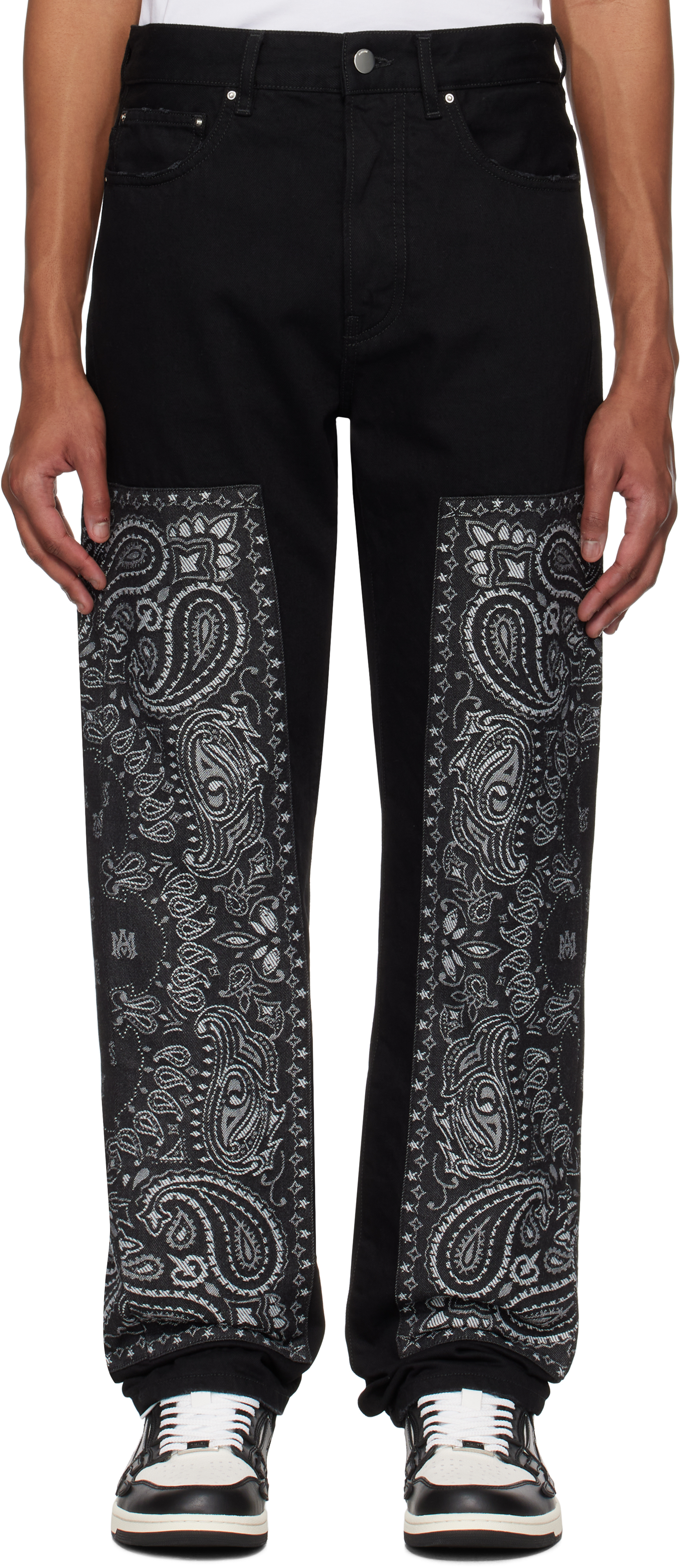 Black Bandana Jacquard Paneled Straight Jeans