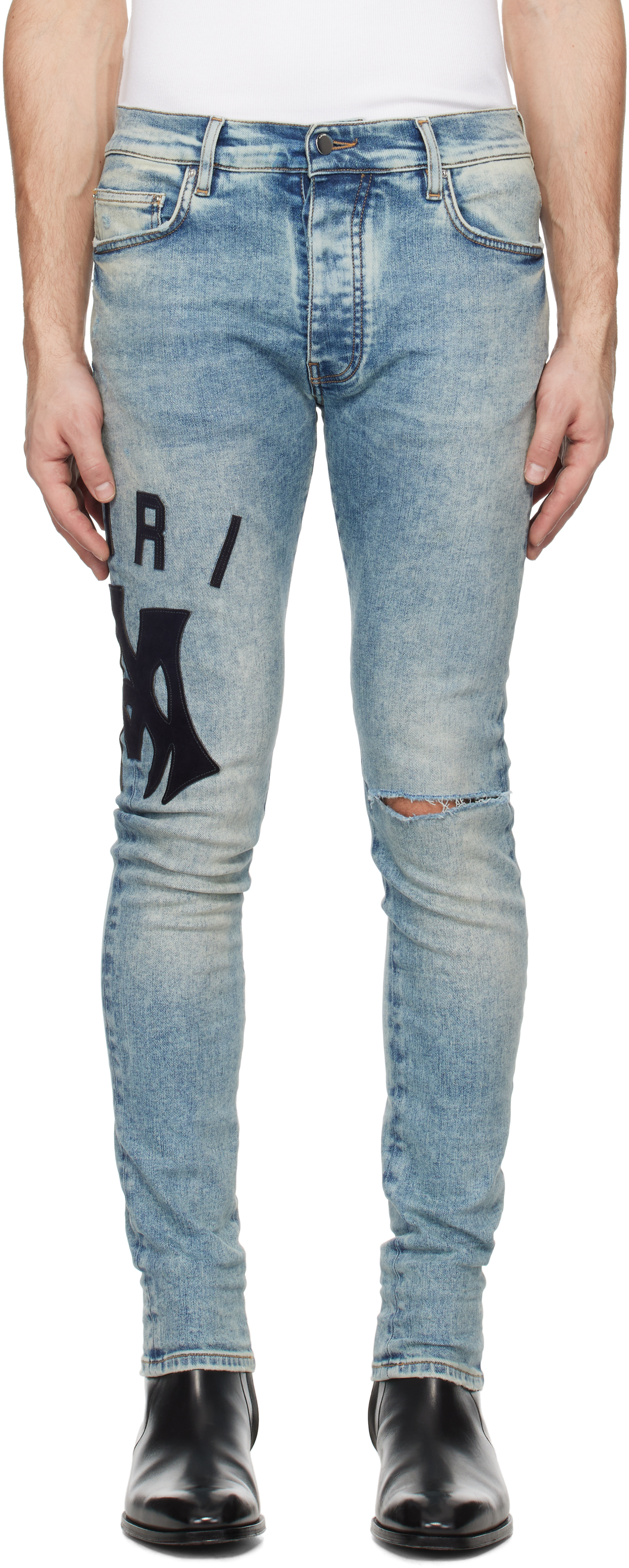 Blue Suede Applique Logo Skinny Jeans