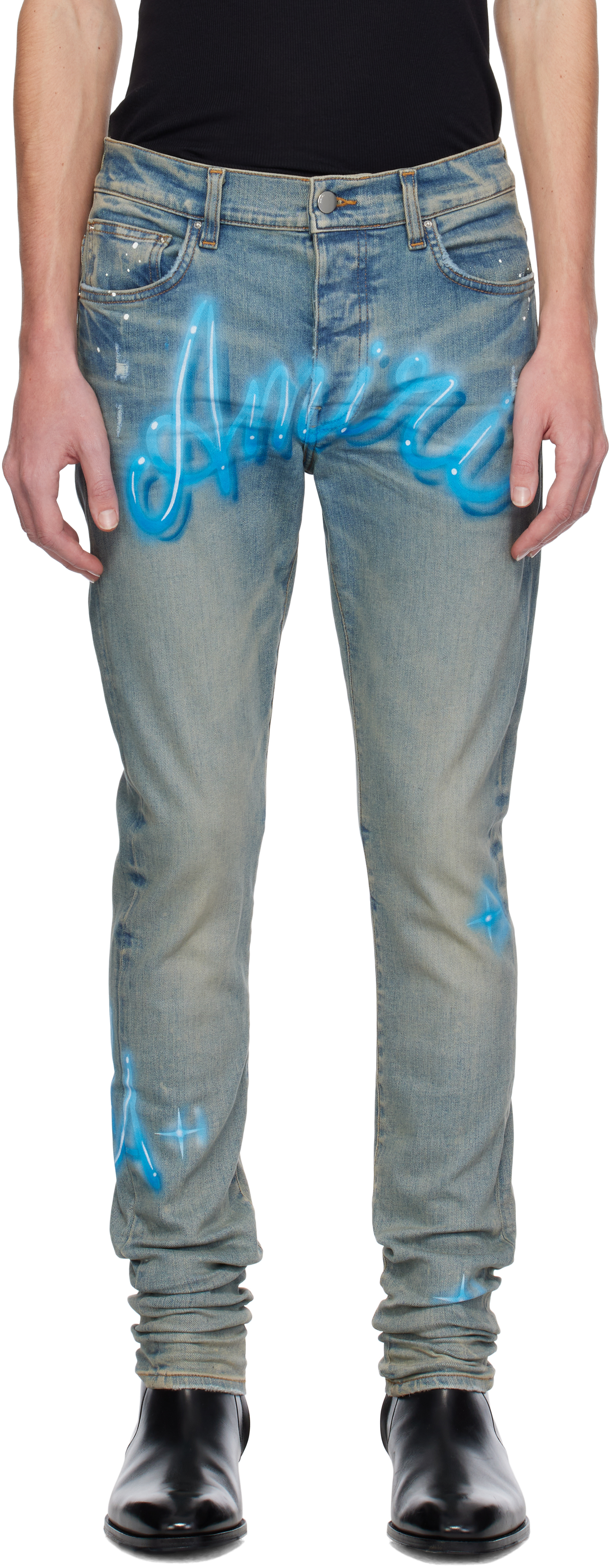 Blue Amiri Airbrush Logo Skinny Jeans