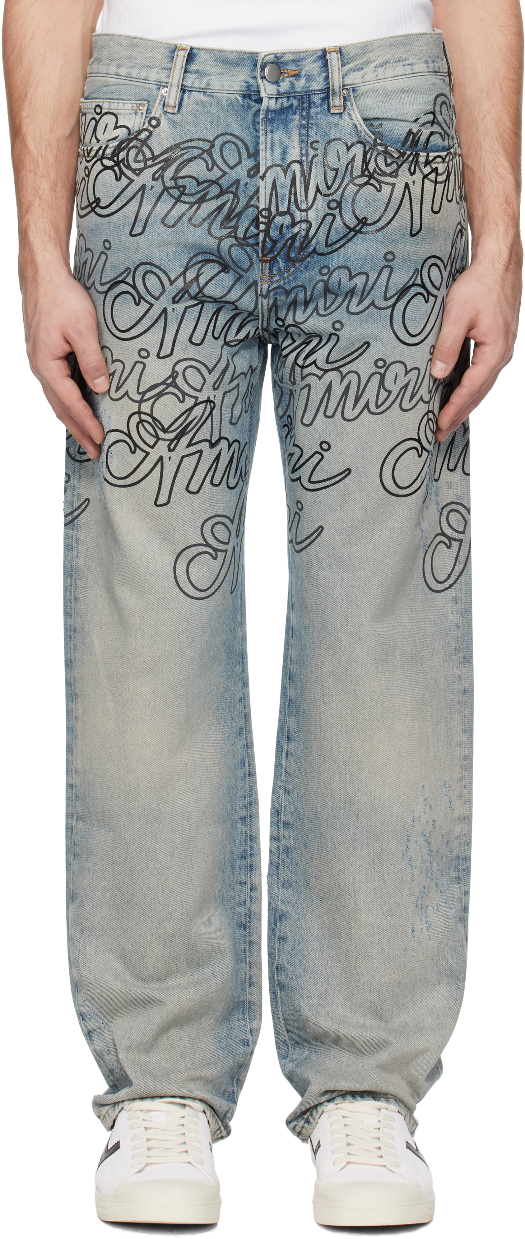 Blue Overlay Printed 'Amiri' Script Jeans