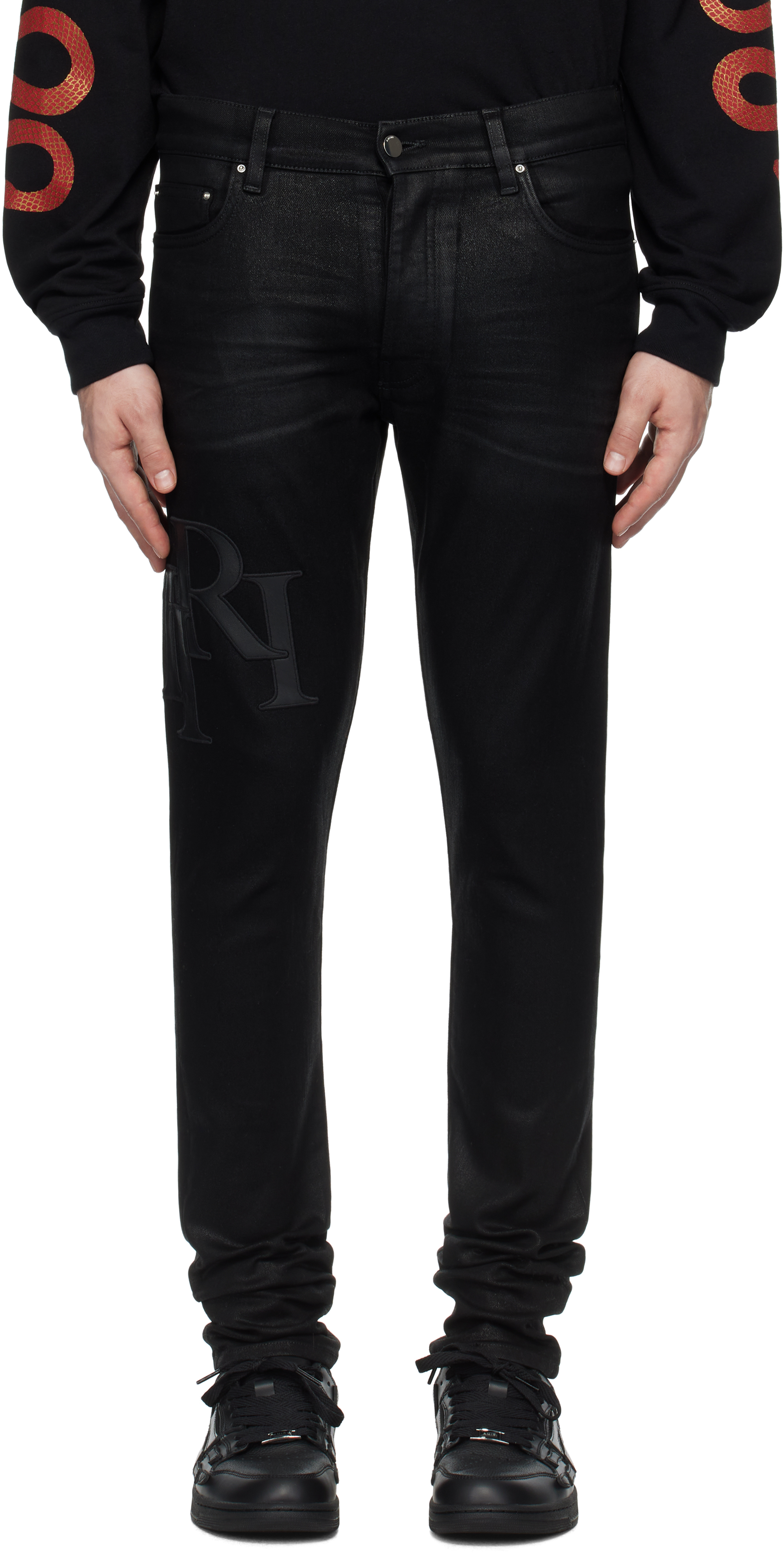 Black Waxed Staggered Logo Skinny Jeans