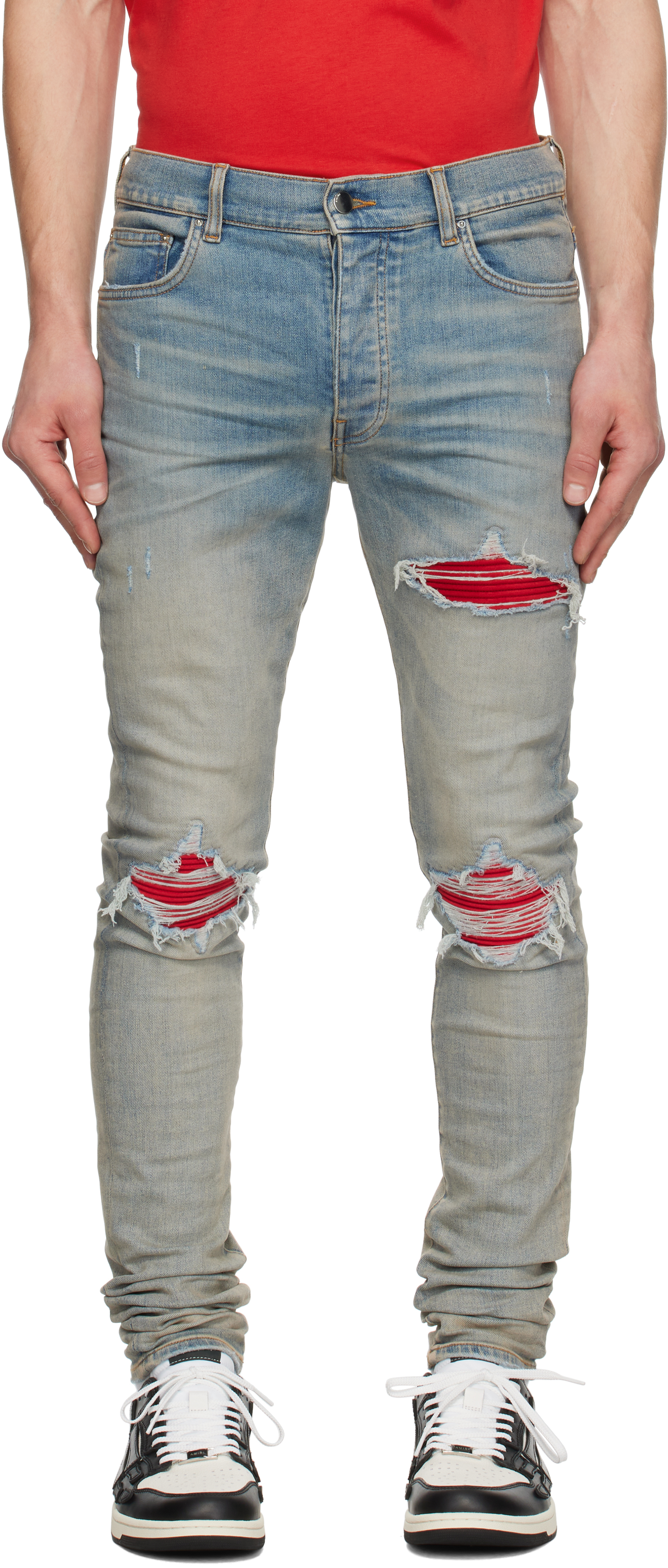 Amiri Mx1 Slim Fit Jeans With Distressed Red Accents In Antique Indigo