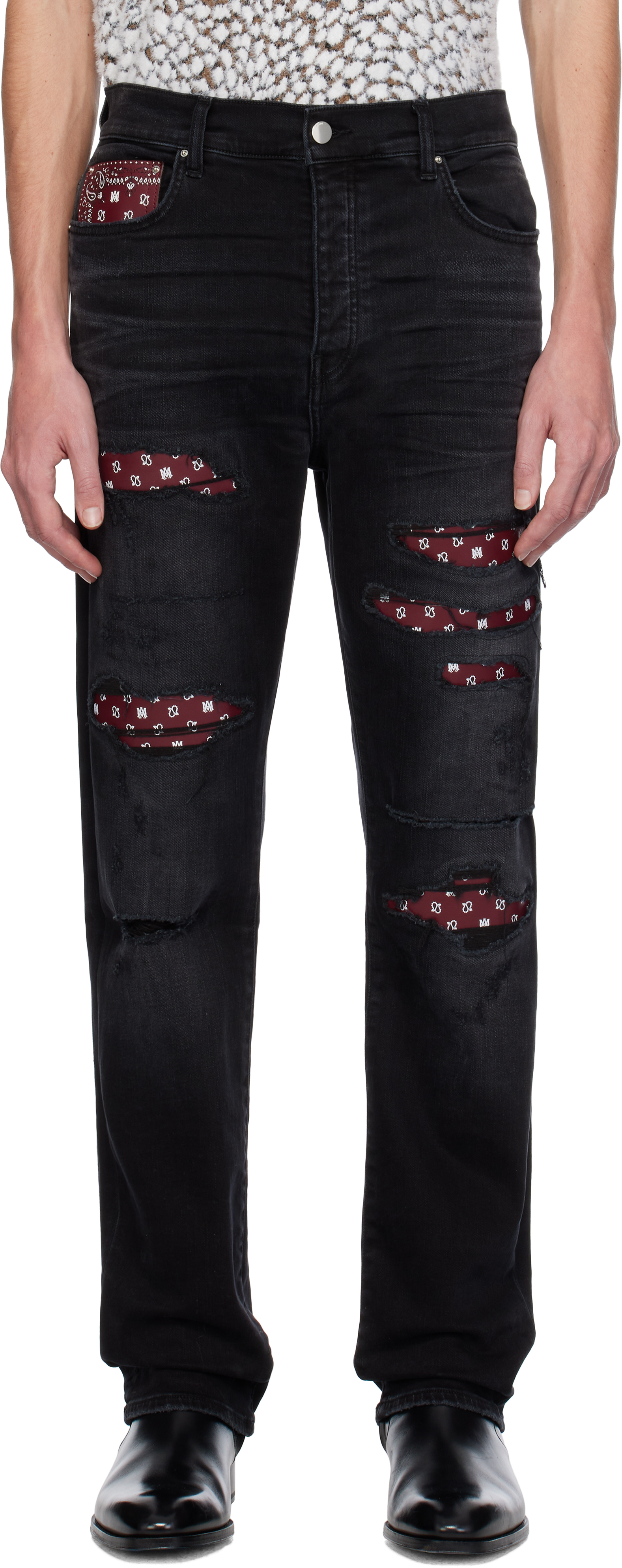 Shop Amiri Black Leather Bandana Repaired Slim Jeans In Vintage Black