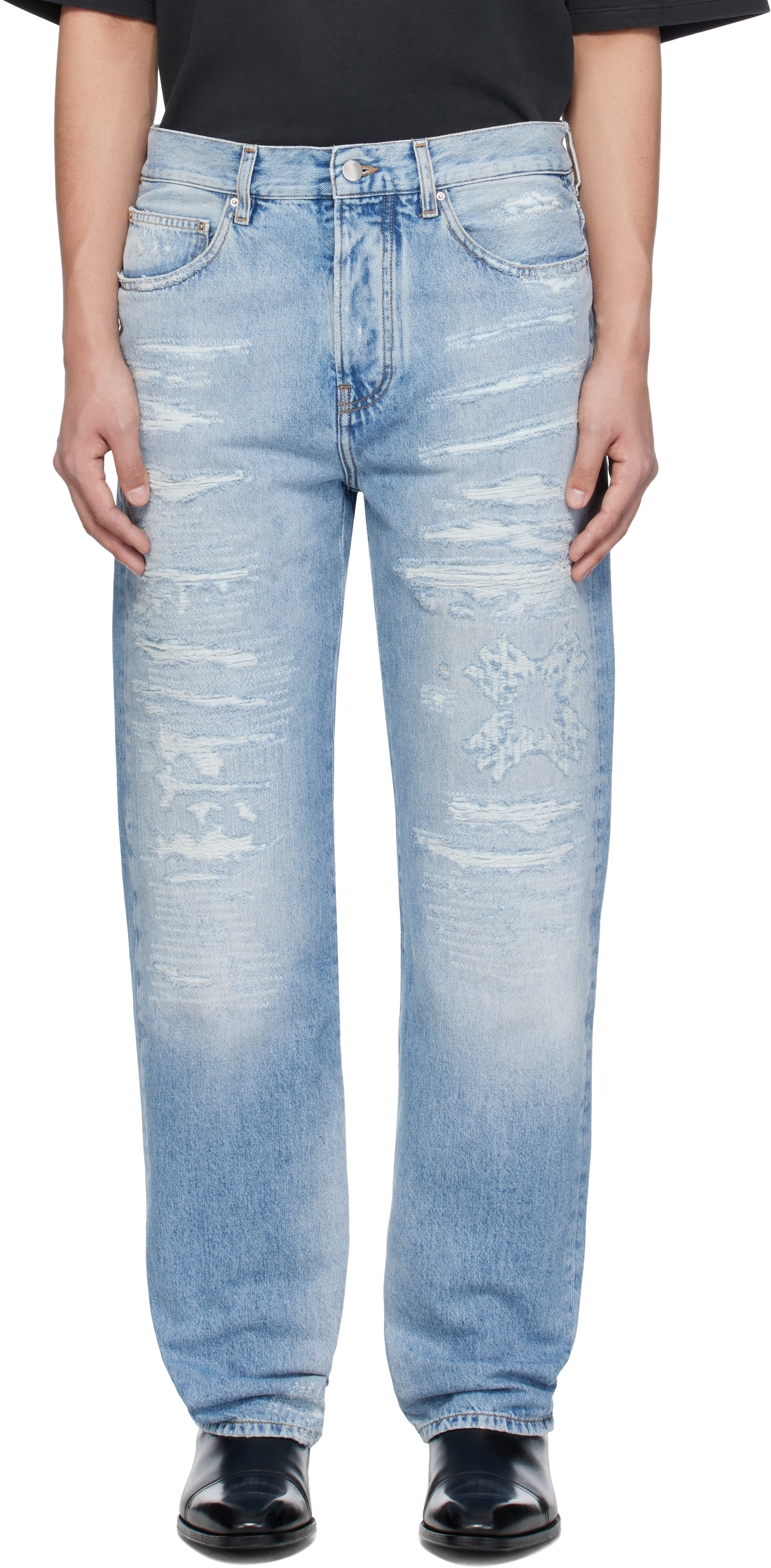 【関税込み】AMIRI ブルー Repaired ストレートジーンズ Blue 'MA' Quad Repaired Straight Jeans by AMIRI on Sale