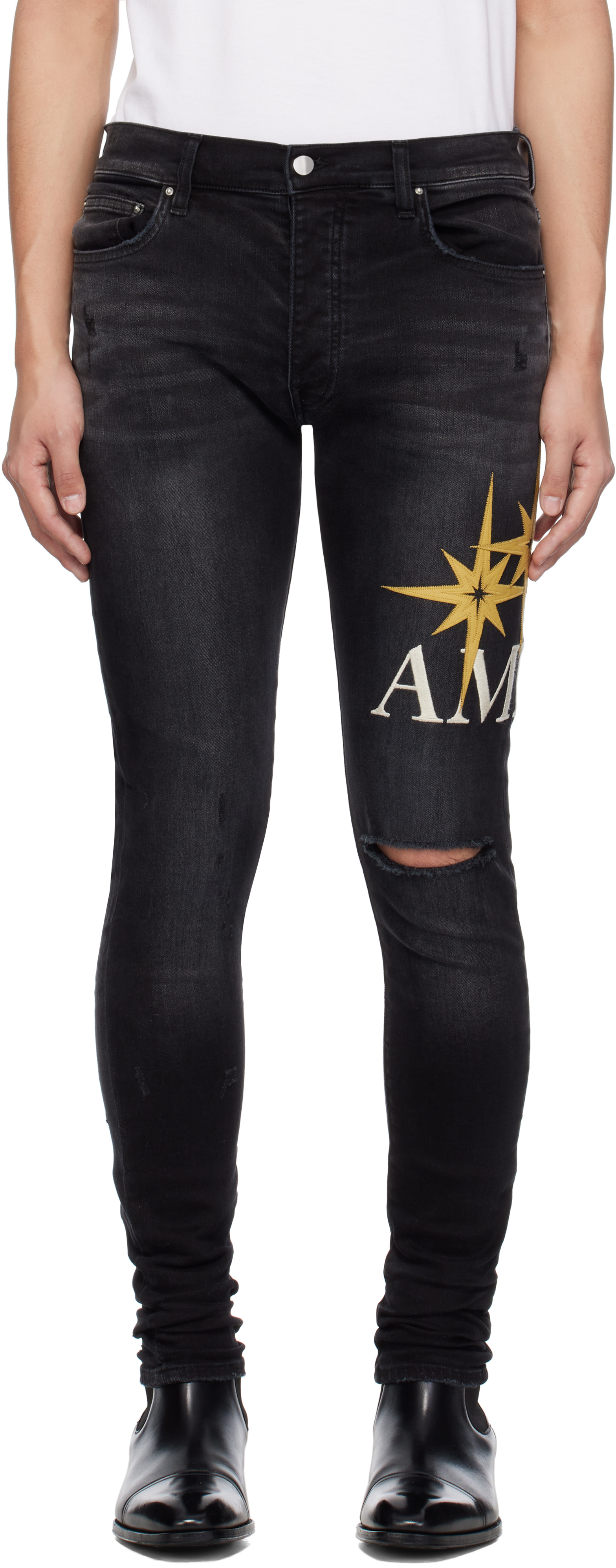 AMIRI Starburst アップリケ スキニージーンズ 人気 AMIRIのブラック Starburst アップリケ スキニージーンズがセール中