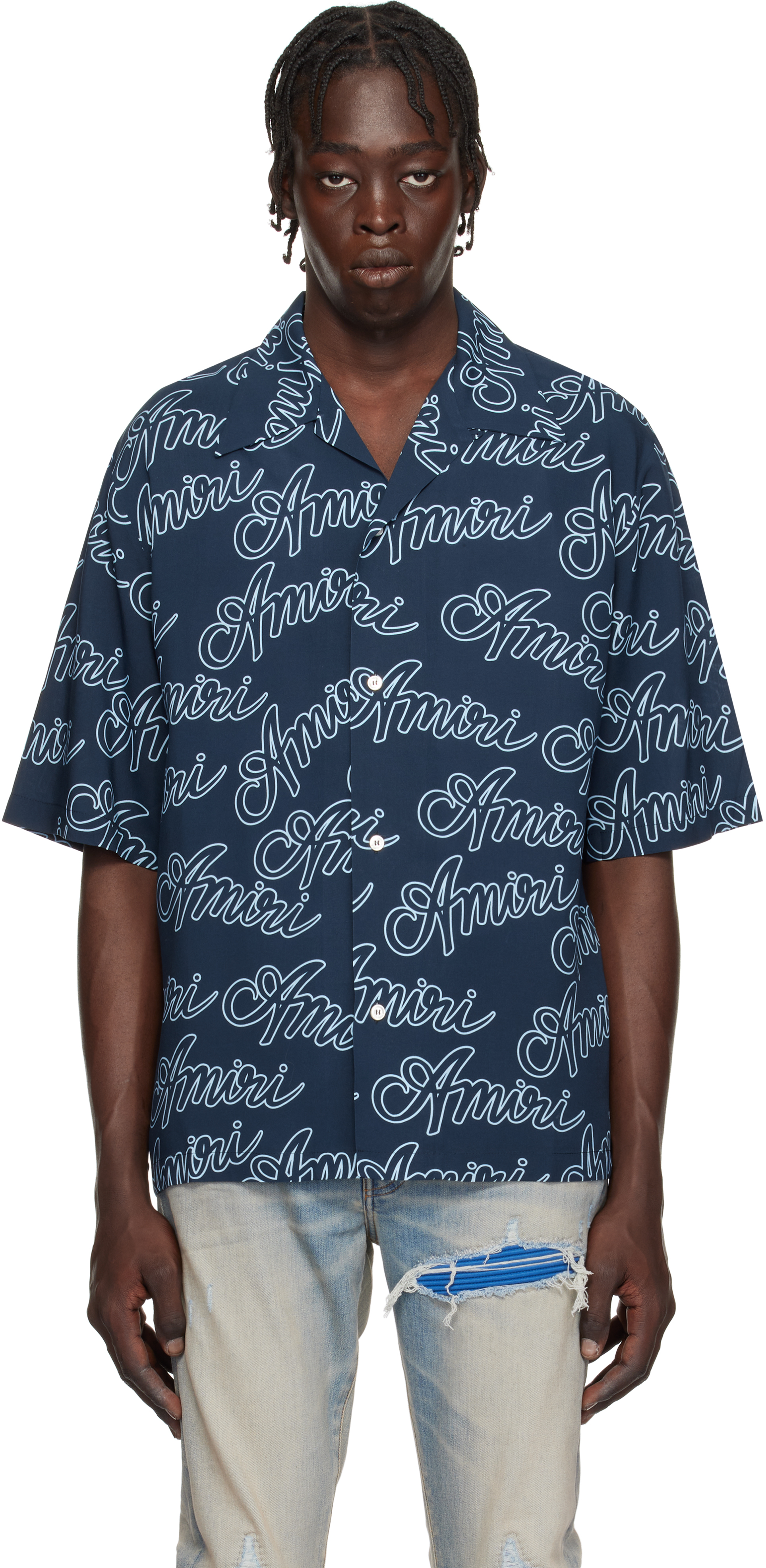 Navy 'Amiri' Script Bowling Shirt