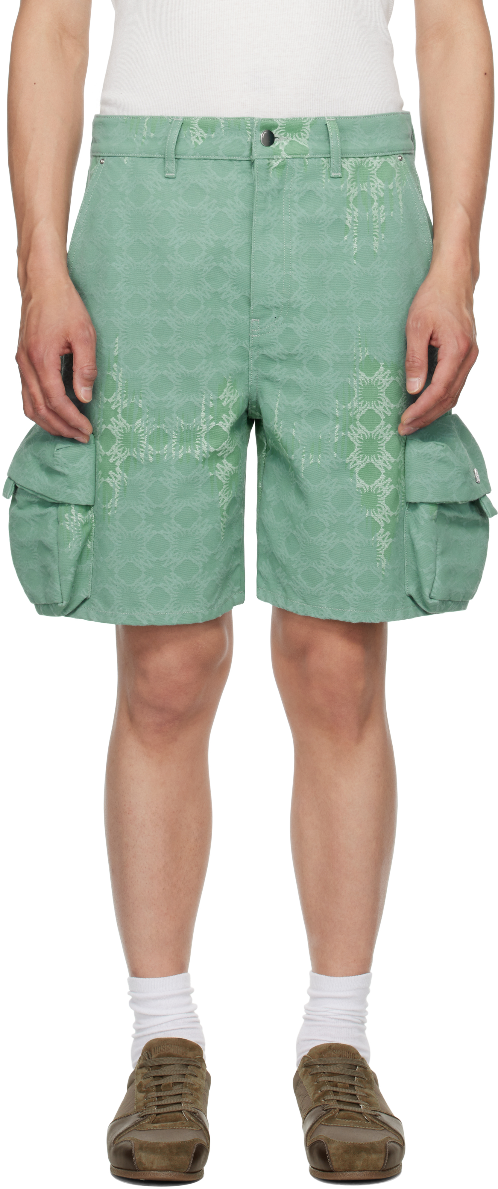 Printed poplin tech swim shorts in green and black | GUCCI® US