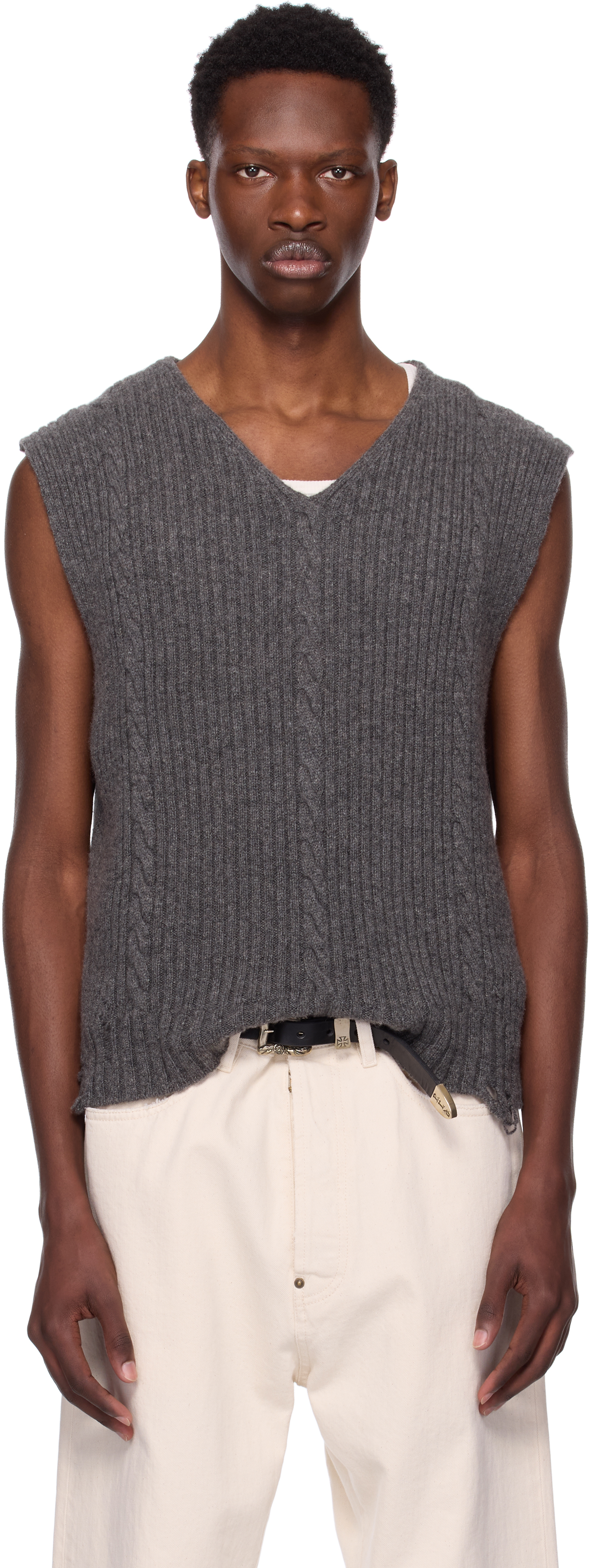 Gray Fitted V-Neck Vest