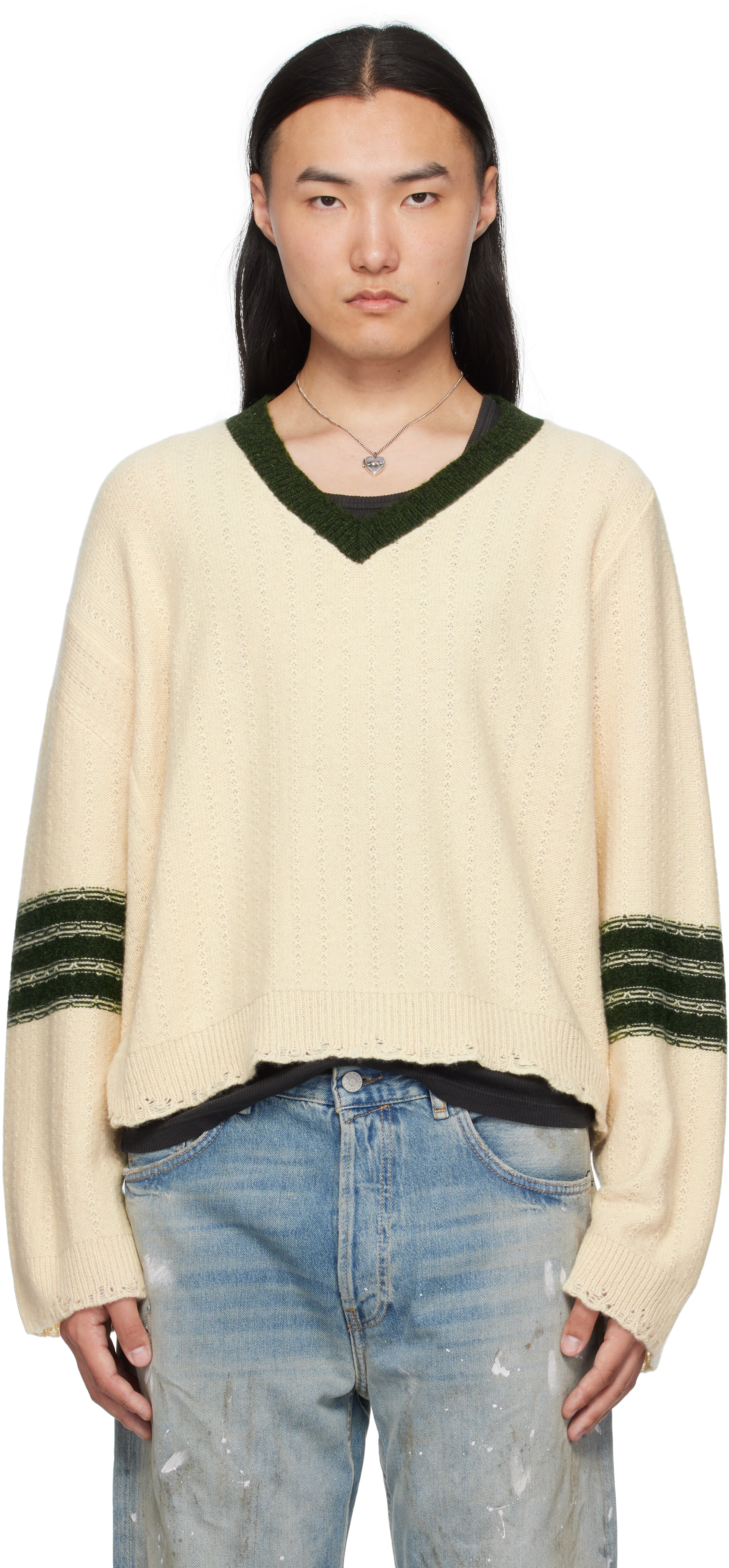Off-White Asymmetrical Varsity V-Neck Sweater