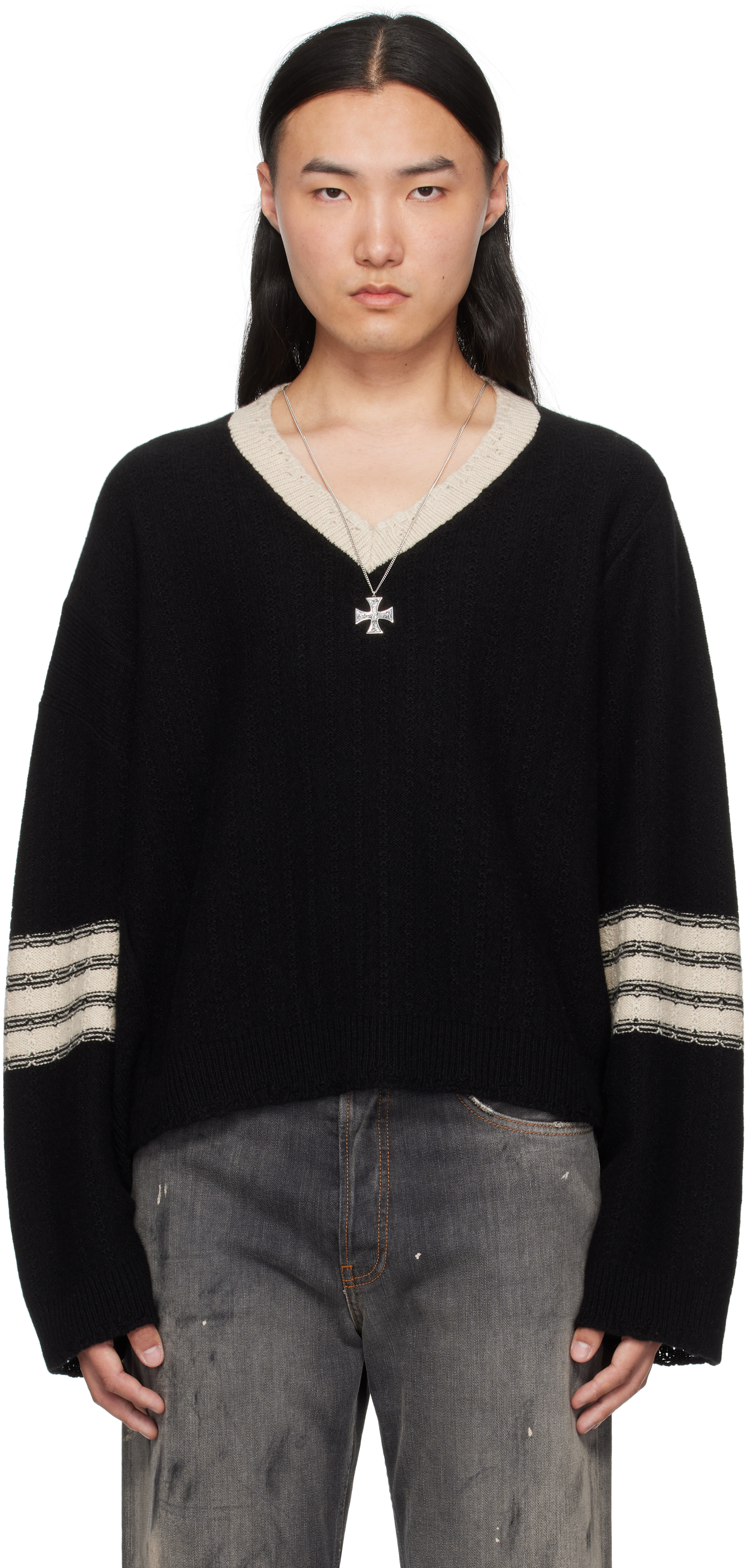 Black Asymmetrical Varsity V-Neck Sweater