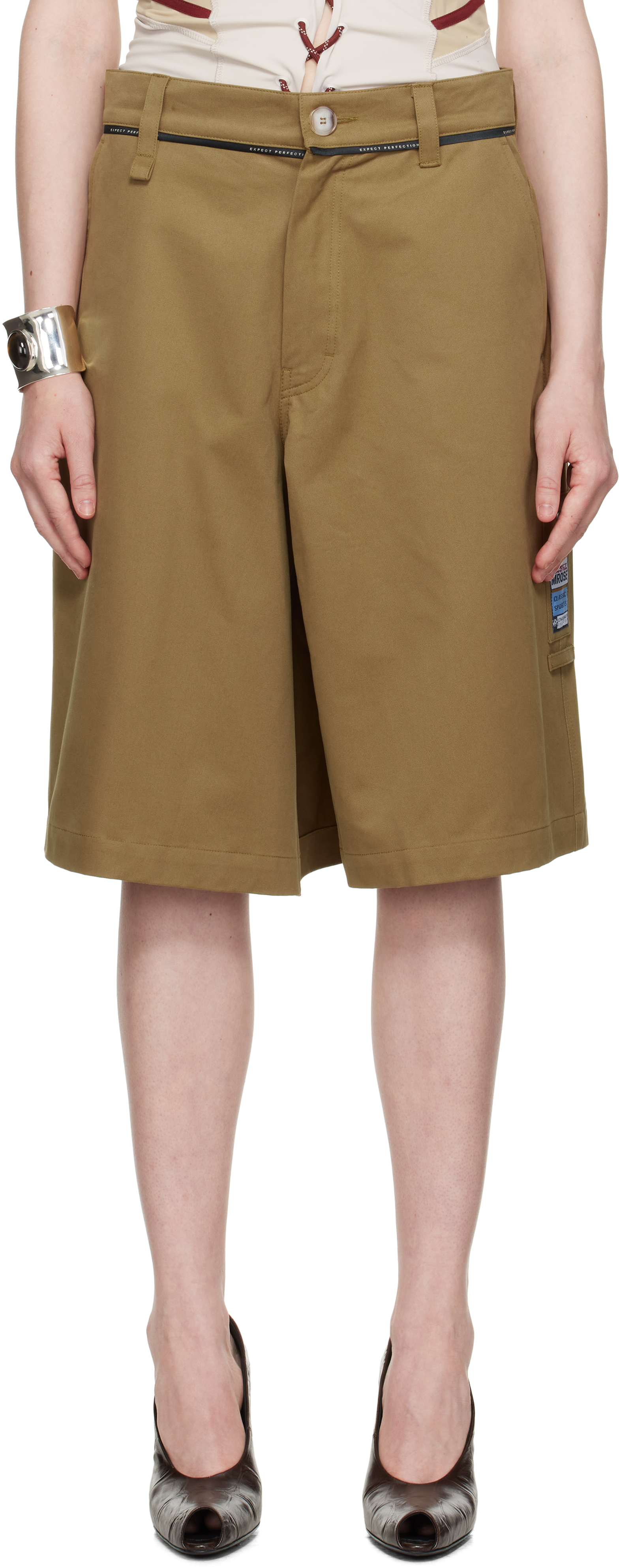 MARTINE ROSE KHAKI TWISTED SKATE SHORTS
