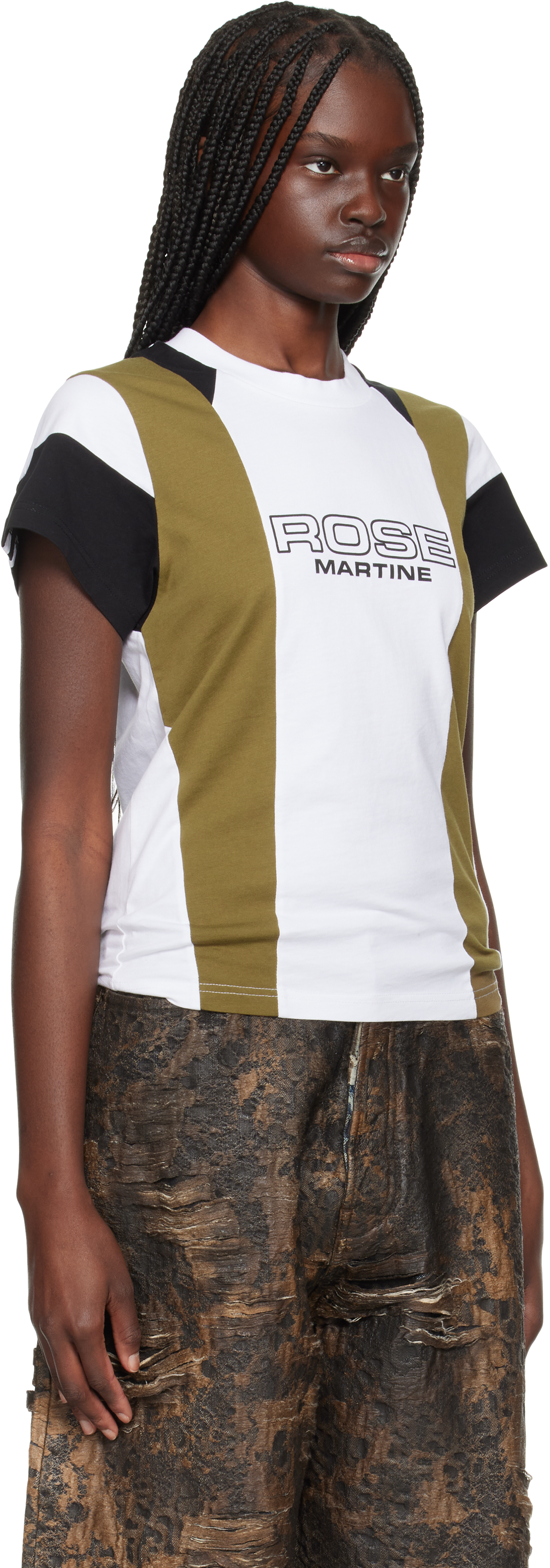 MARTINE ROSE WHITE & GREEN SHRUNKEN PANELED T-SHIRT 