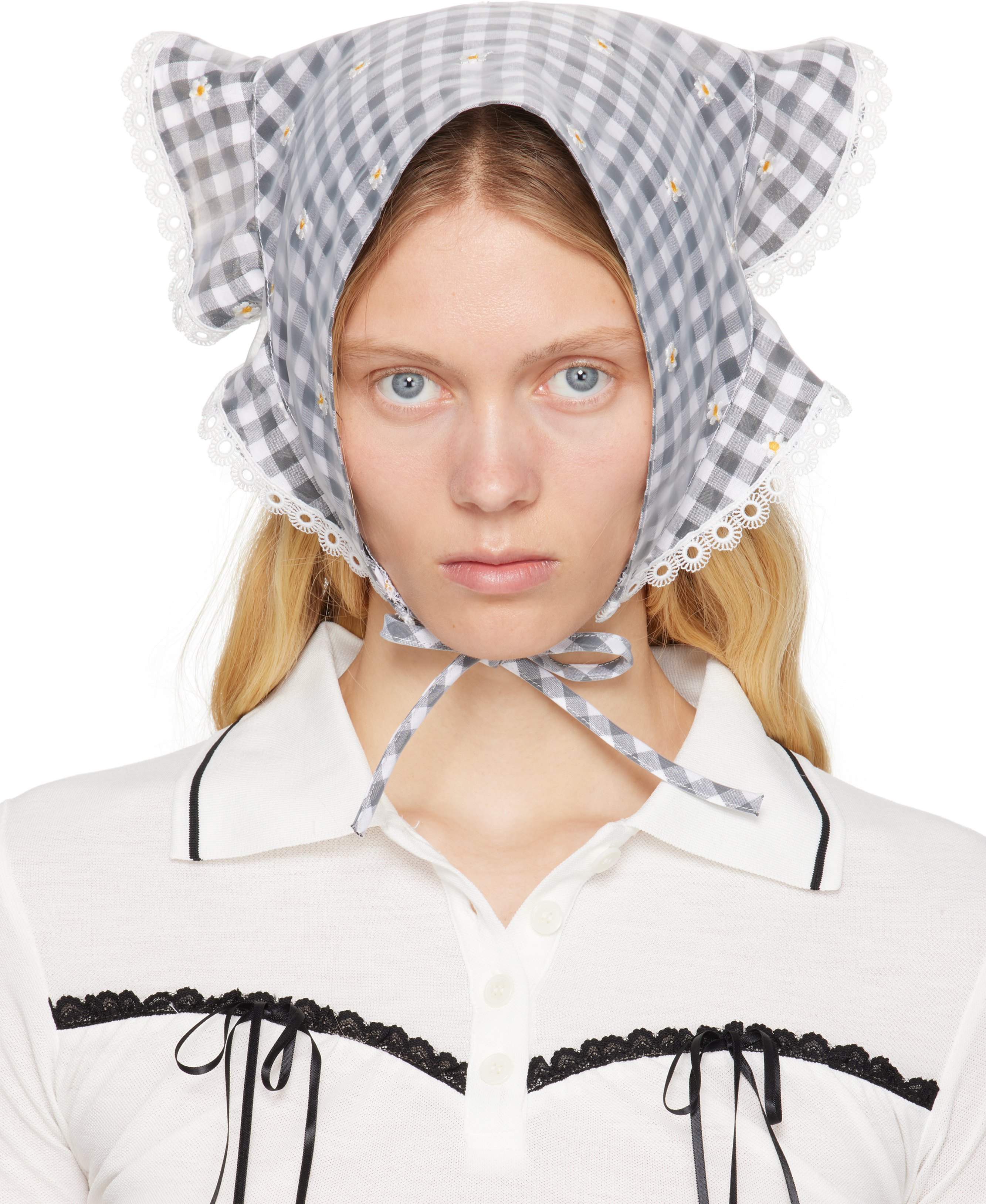 Anna Sui Black & White Ruffle Headscarf In Blue