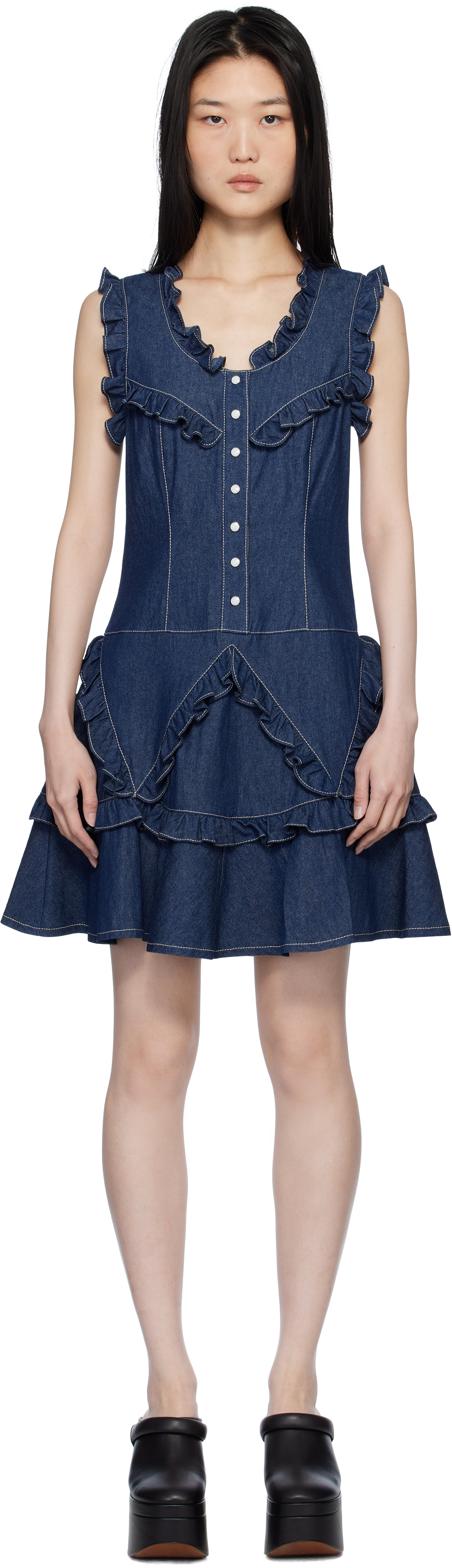 Navy Ruffle Denim Midi Dress