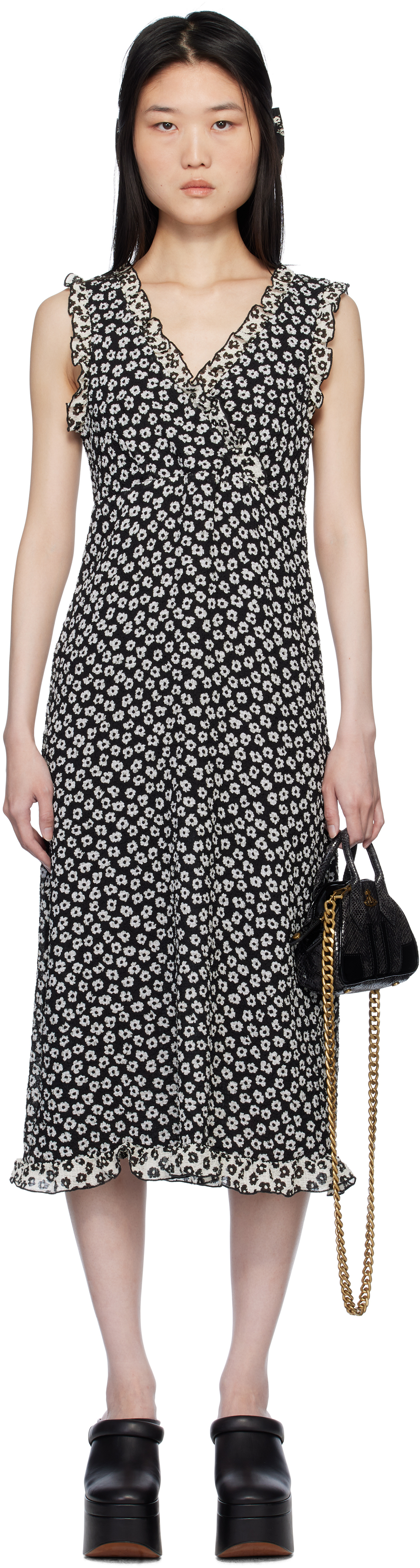 Black Daisy Pucker Midi Dress