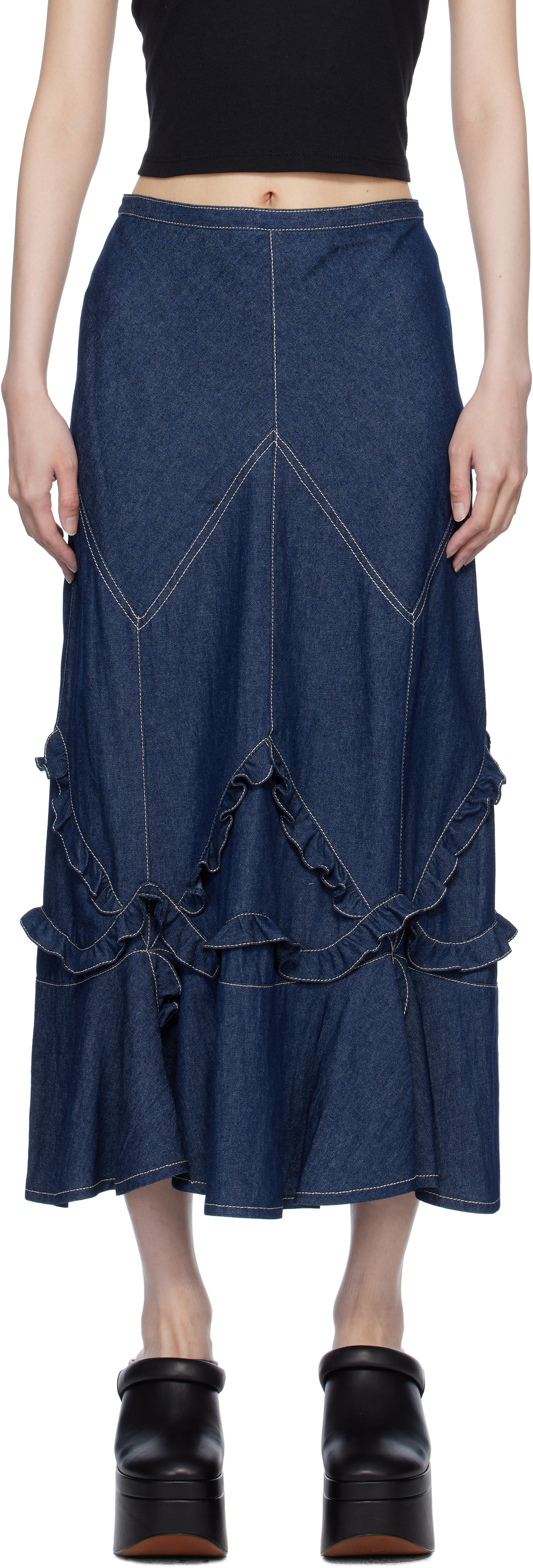 Navy Ruffle Denim Maxi Skirt