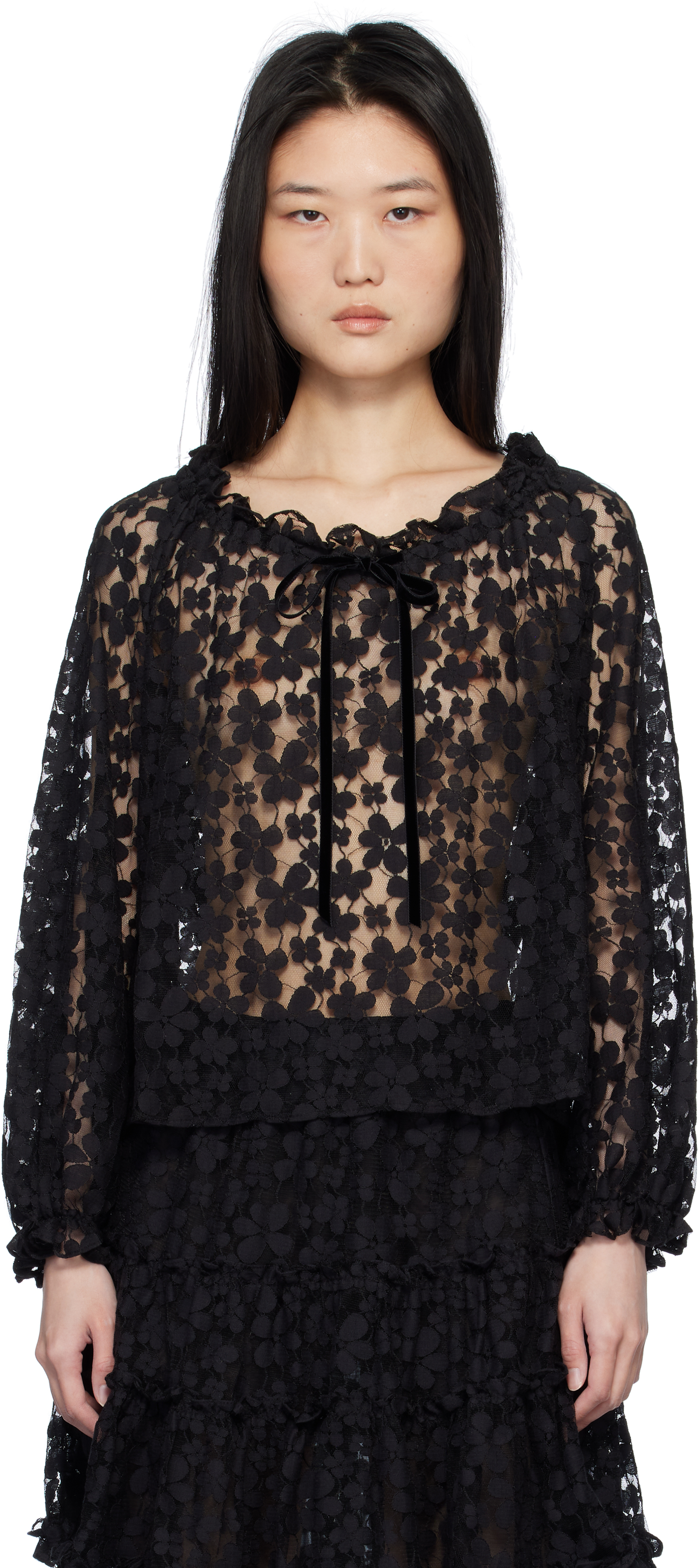 Black Shadow Blossom Elastic Lace Blouse