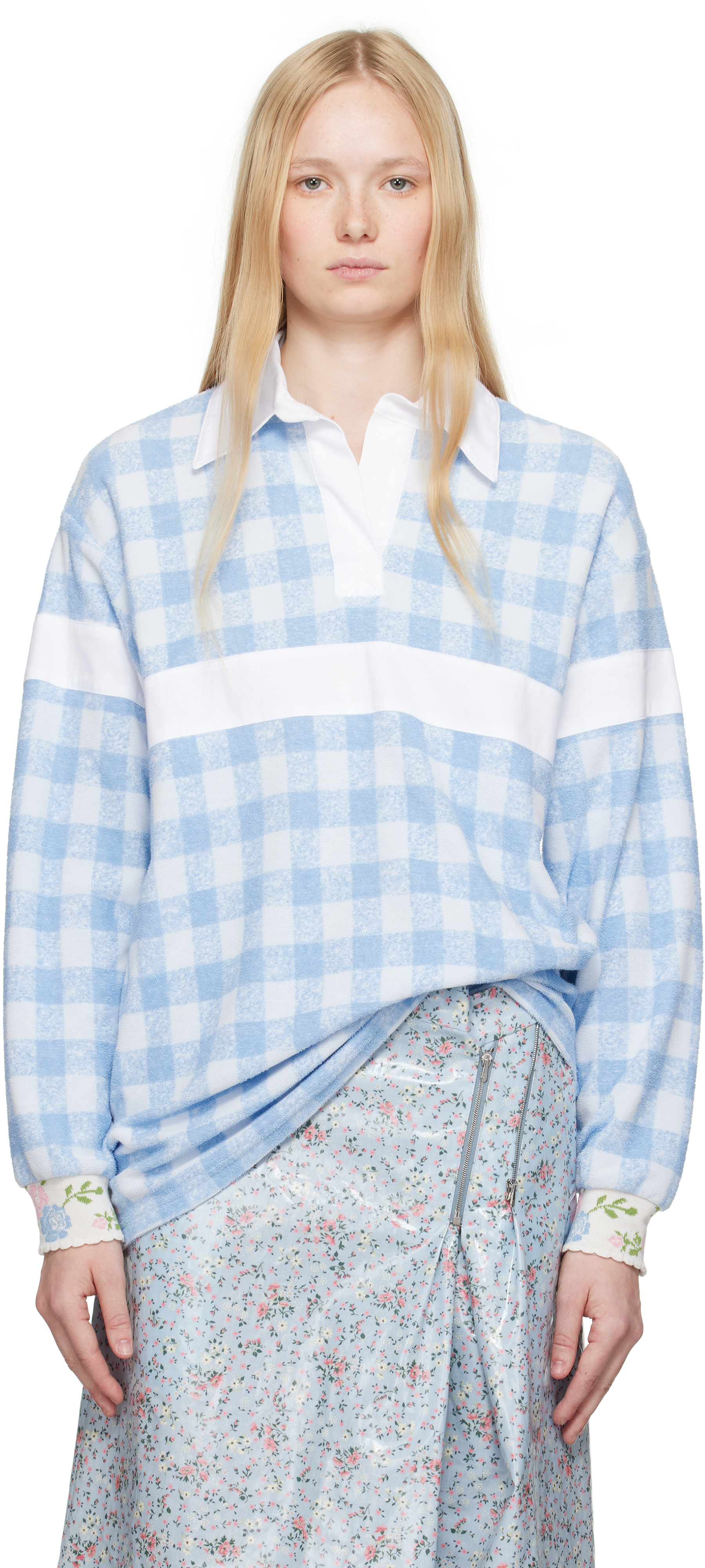 Blue & White Gingham Terry Long Sleeve Polo