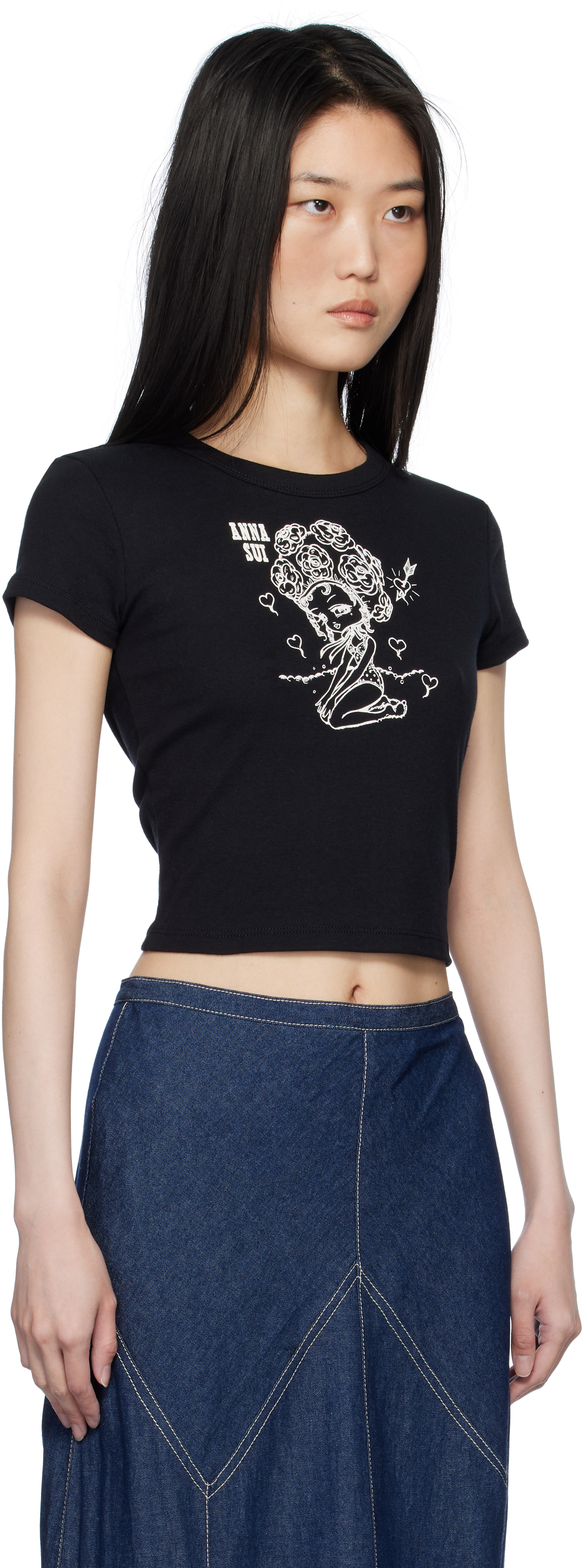 Anna Sui Black Crewneck Beach Girl Baby T-shirt In Black