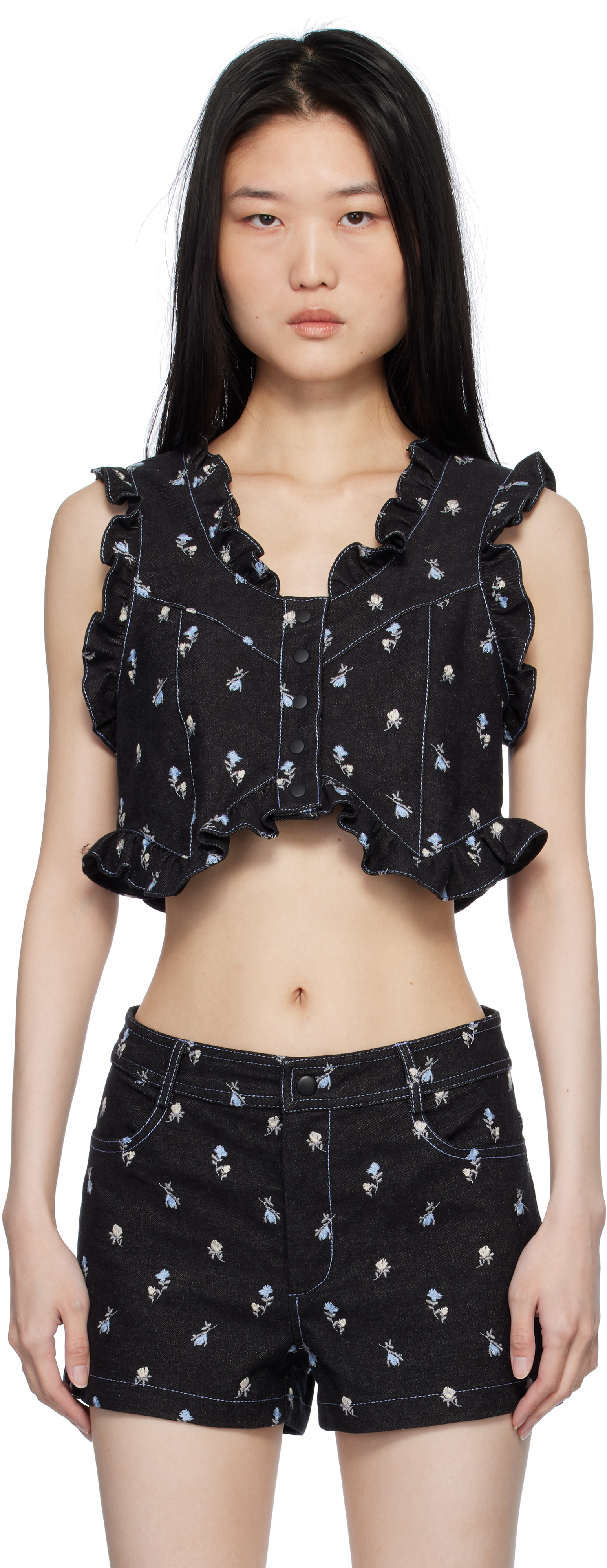 Black Embroidered Roses Cropped Denim Vest