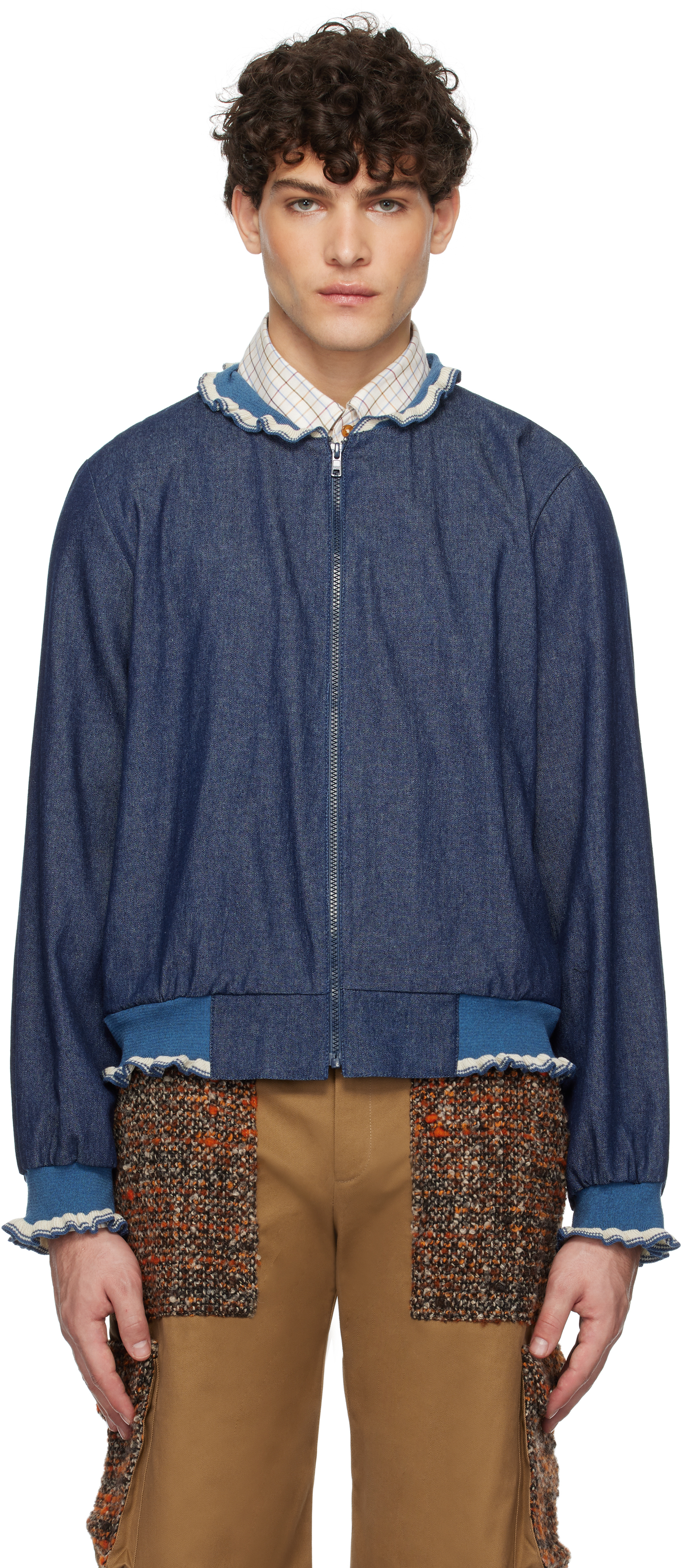 Blue Baseball Denim Bomber Jacket by Anna Sui on Sale