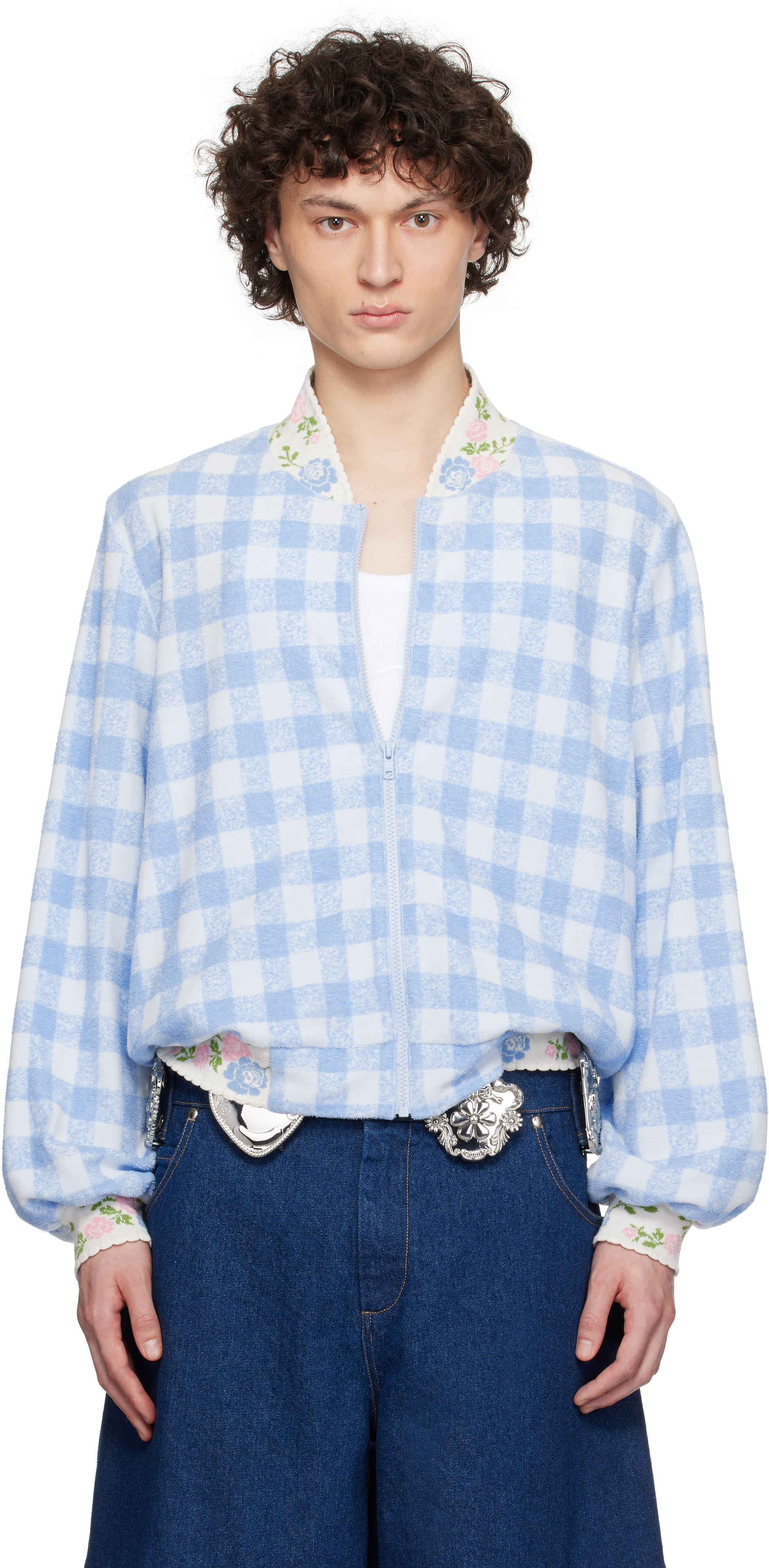 Blue Gingham Terry Baseball Bomber Jacket
