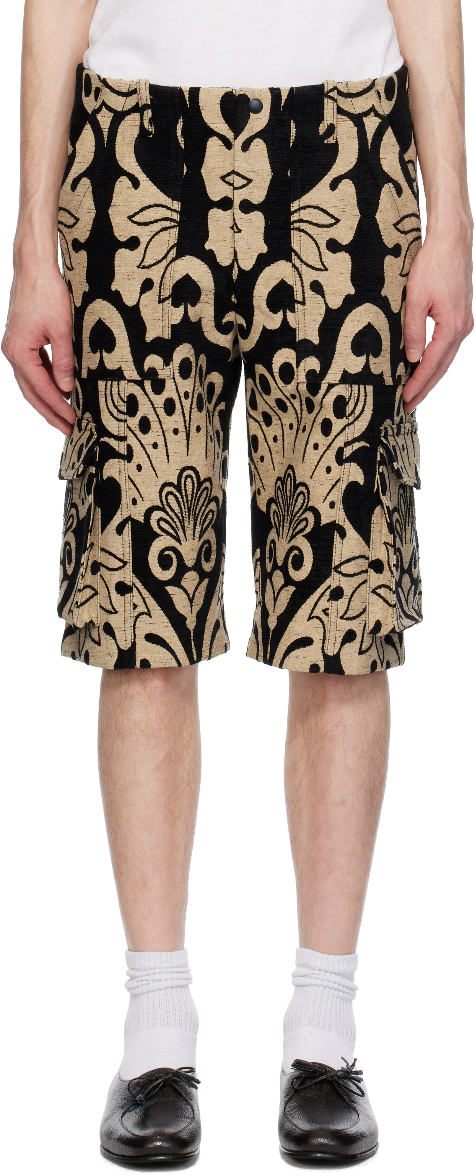 Black & Beige Beardsley Tapestry Cargo Shorts