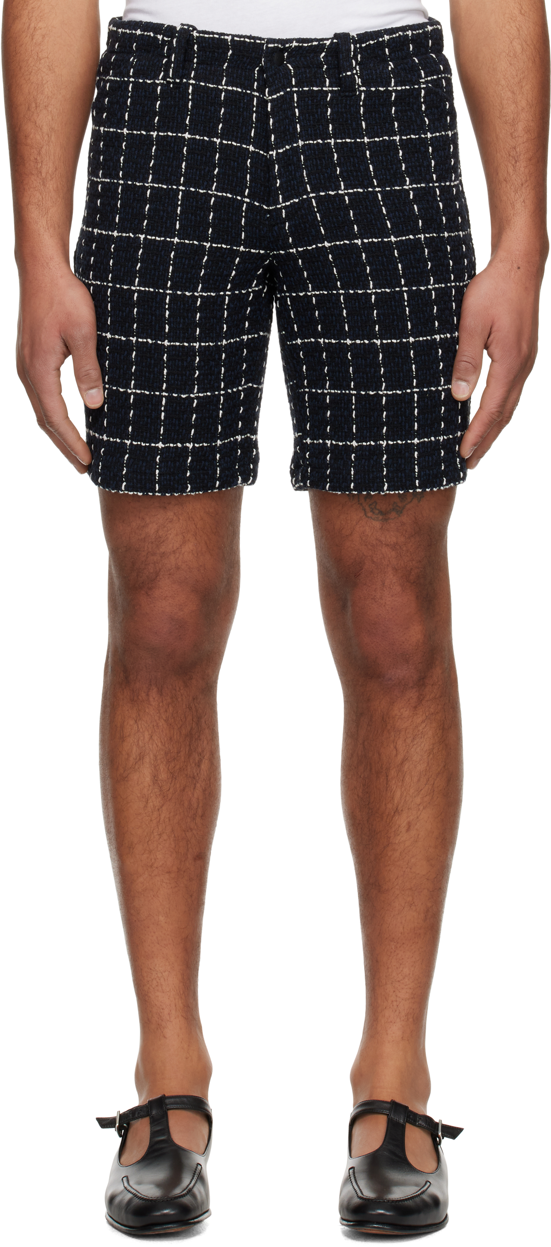 Navy Windowpane Tweed Shorts