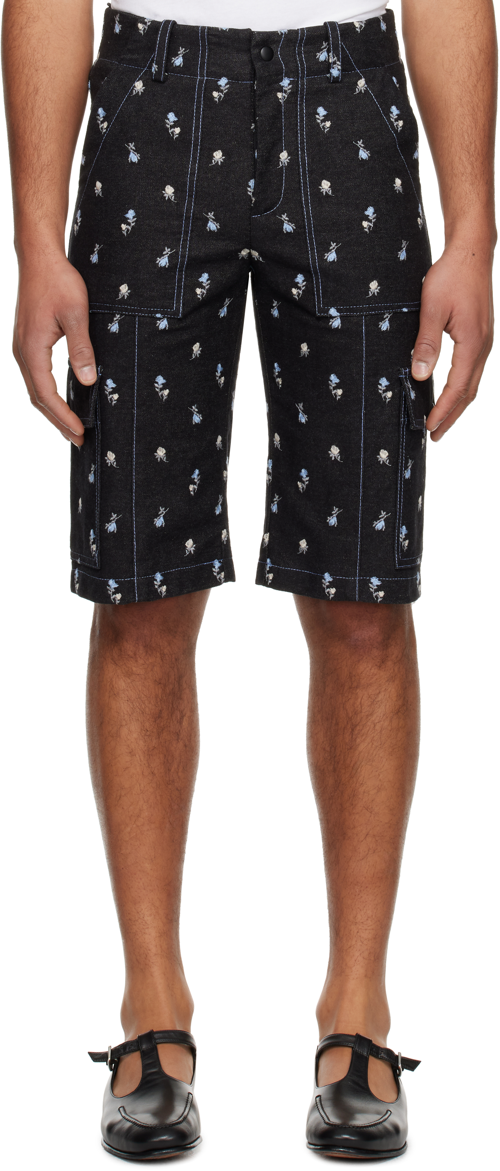 Black Embroidered Roses Denim Cargo Shorts