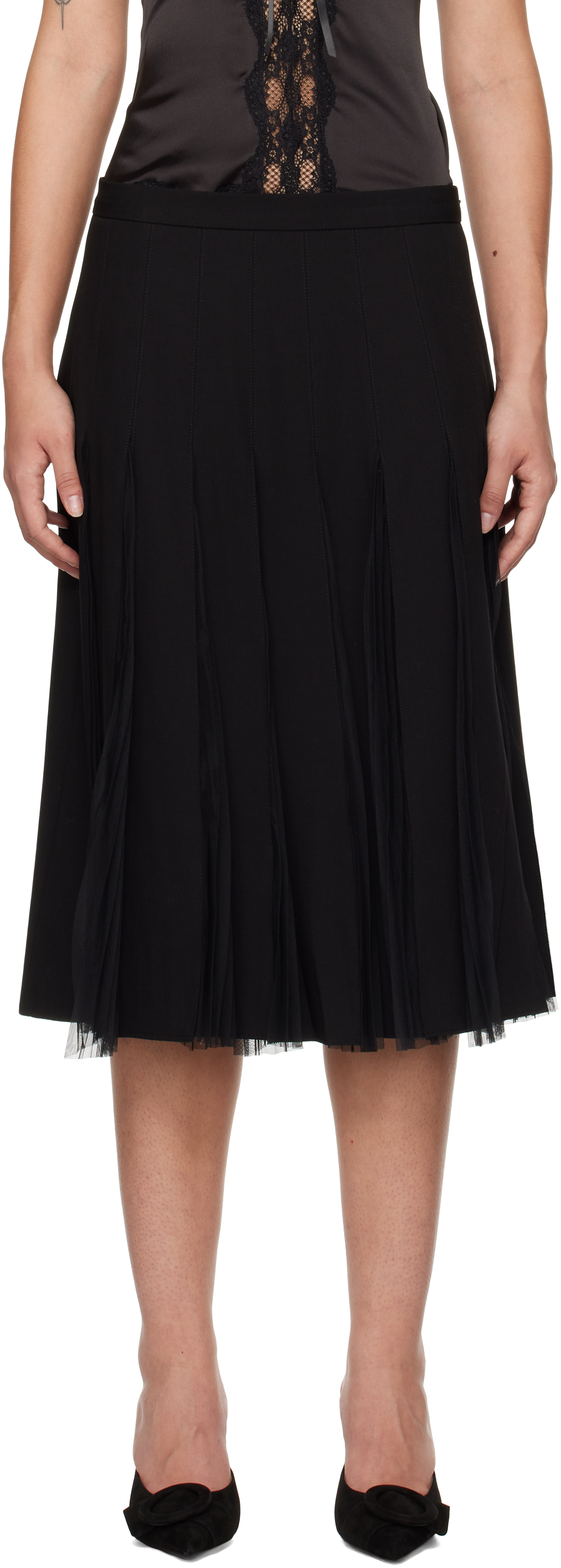 Black Gibson Chiffon Pleated Midi Skirt