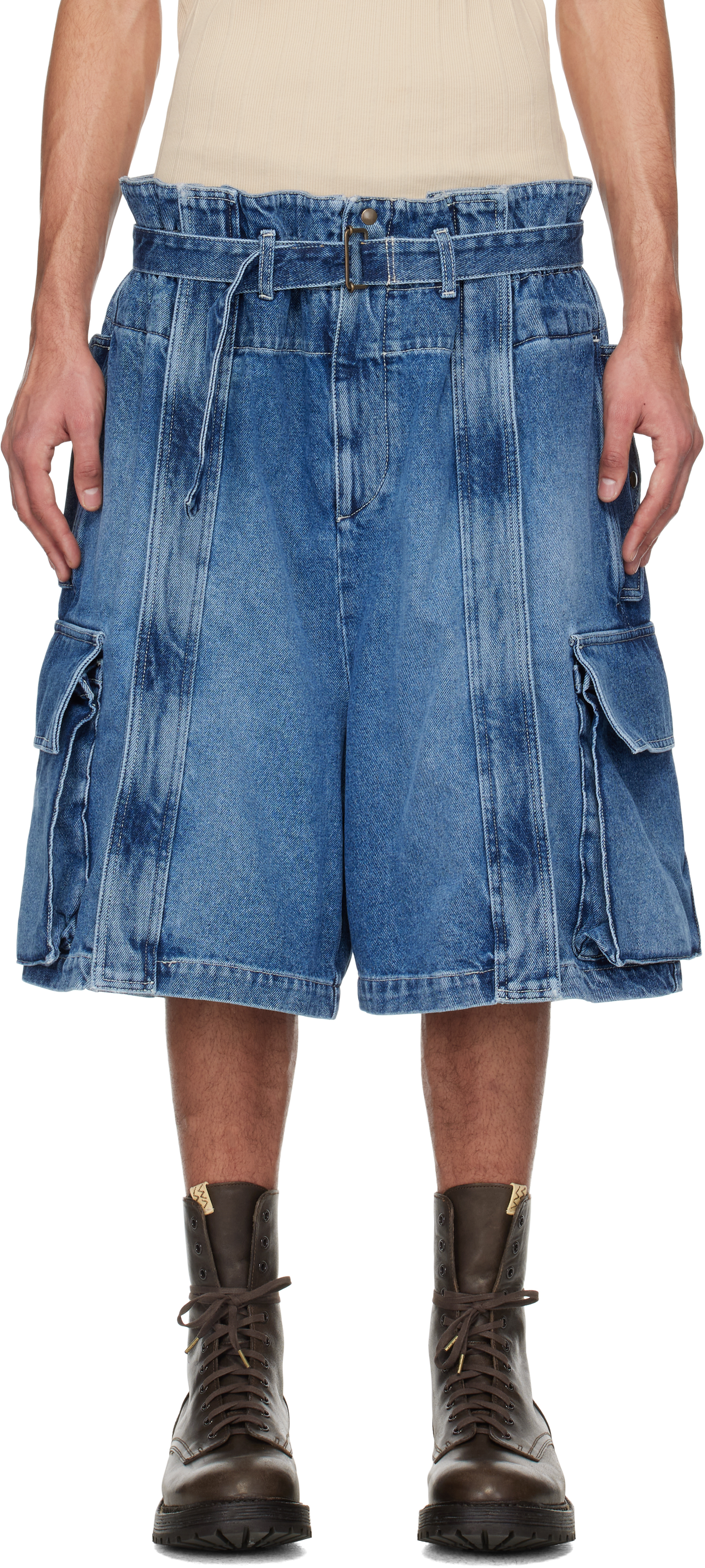 Hed Mayner: Blue Zip Vent Denim Cargo Shorts | SSENSE