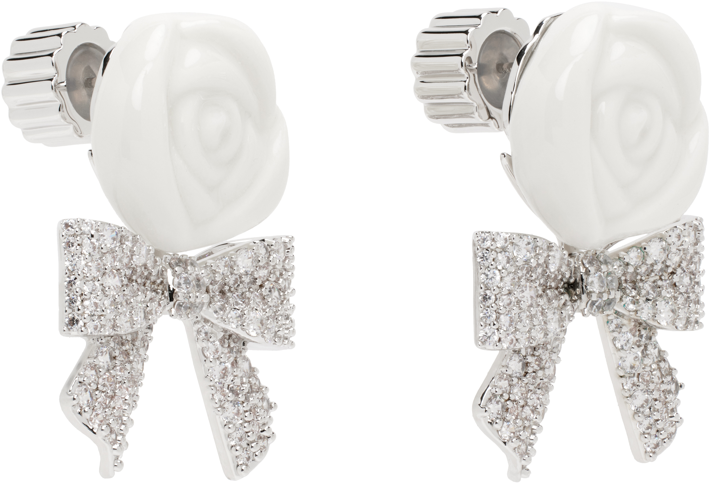 Shushu-tong Silver & White Yvmin Edition Ceramics Rose Pave Bowknot Earrings In White