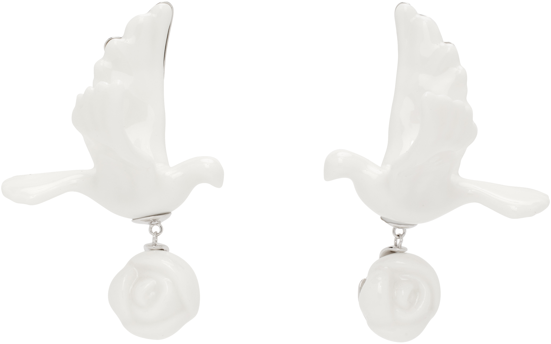 Shushu-tong Silver & White Yvmin Edition Ceramics Pigeon With Rose Earrings In White