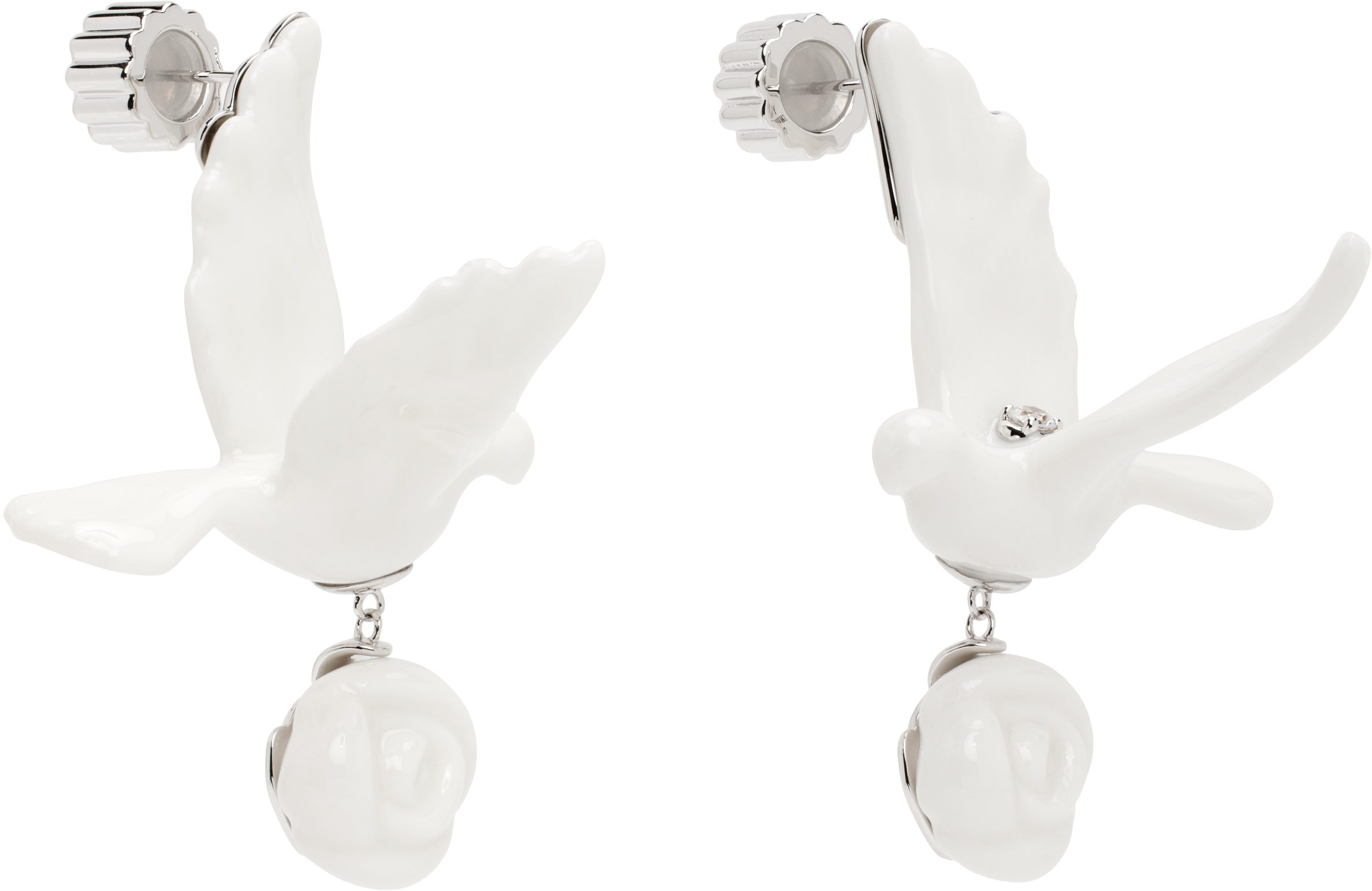 Shushu-tong Silver & White Yvmin Edition Ceramics Pigeon With Rose Earrings In White