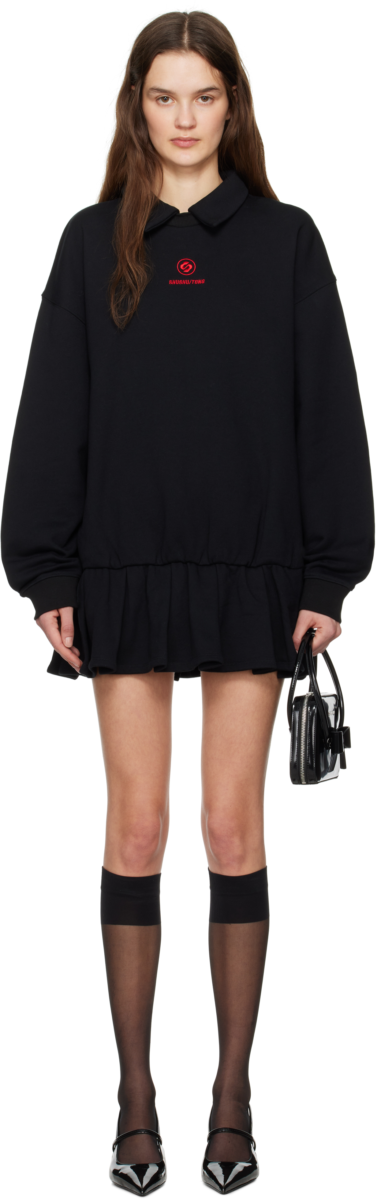 Black Shirt-Collar Loose Minidress