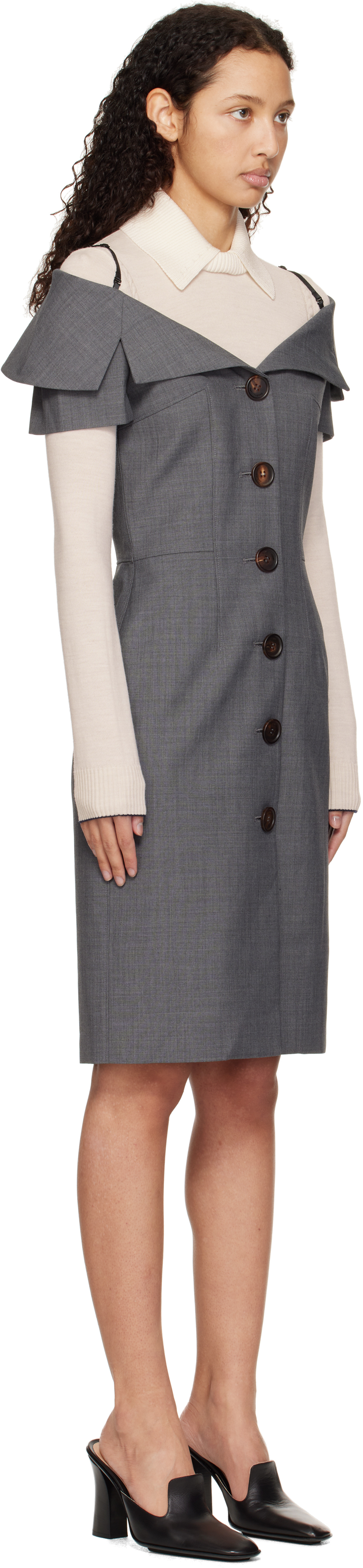 Shushu-tong Gray Off-shoulder Lapel Slim Midi Dress In Gr100 Grey