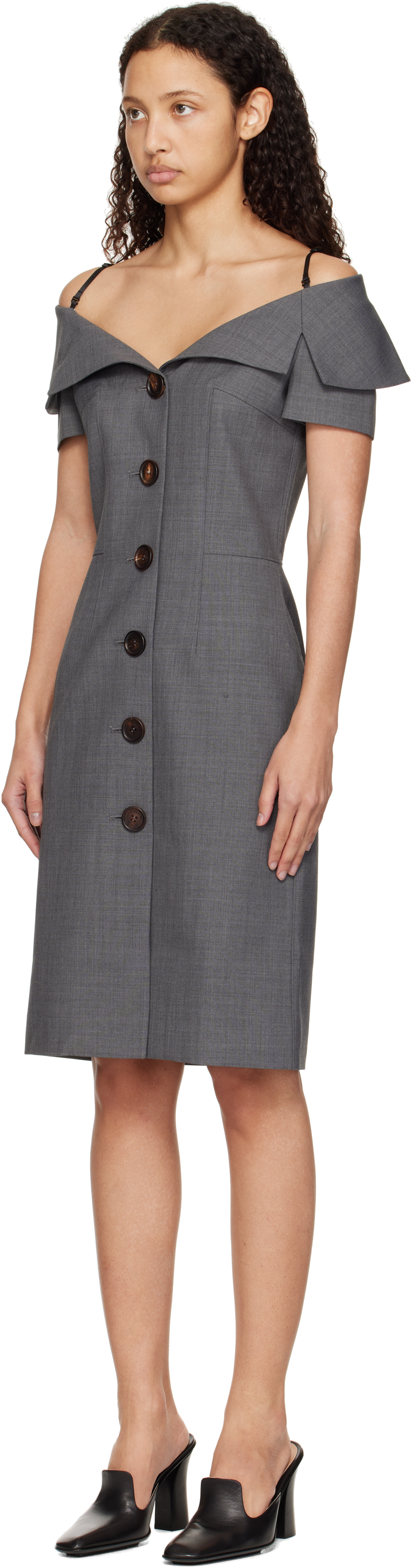 Shushu-tong Gray Off-shoulder Lapel Slim Midi Dress In Gr100 Grey