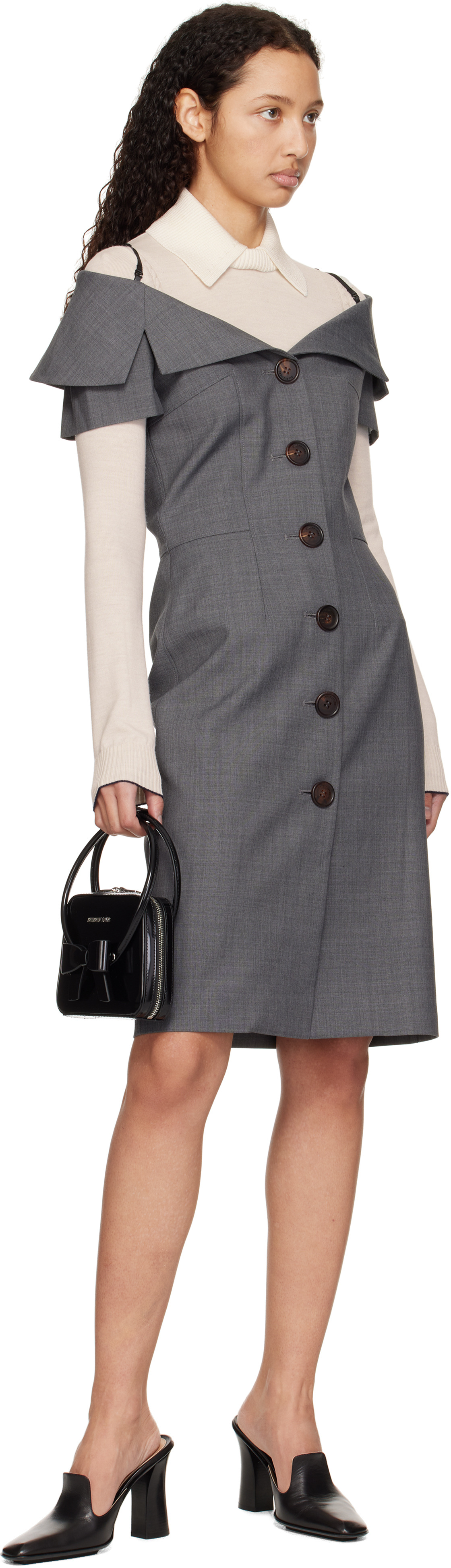 Shushu-tong Gray Off-shoulder Lapel Slim Midi Dress In Gr100 Grey