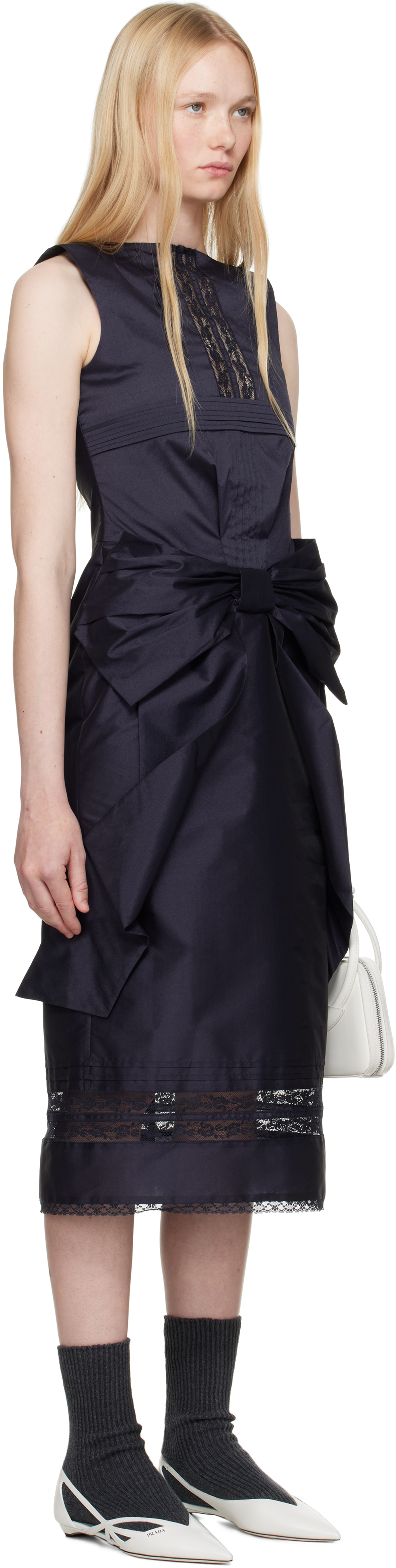 Shushu-tong Navy Big Bow Midi Dress In Na100 Navy Blue