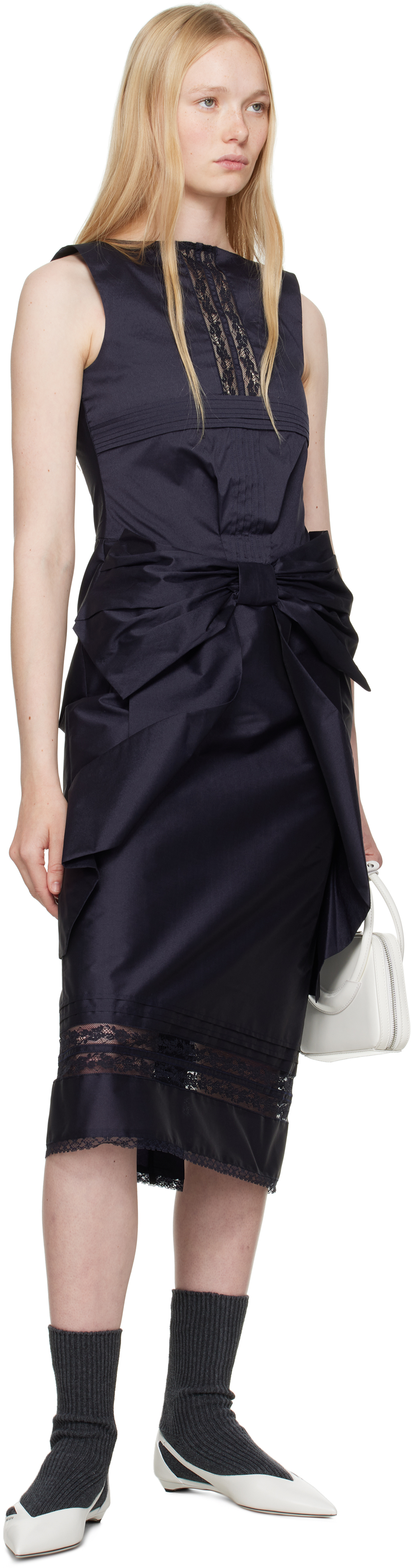 Shushu-tong Navy Big Bow Midi Dress In Na100 Navy Blue