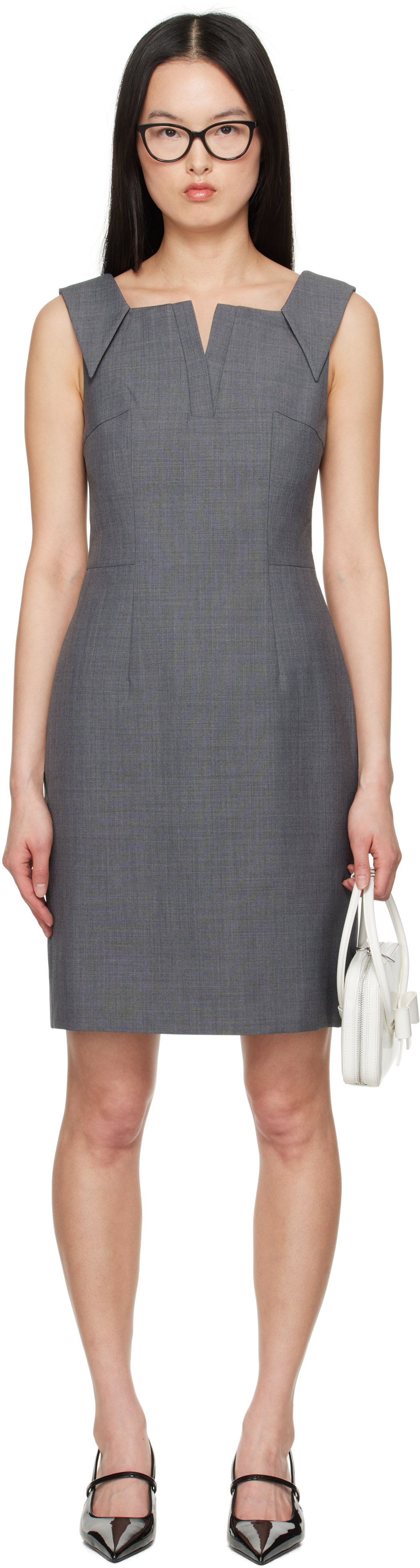 Gray Lapel Waist-Cinching Straight Minidress