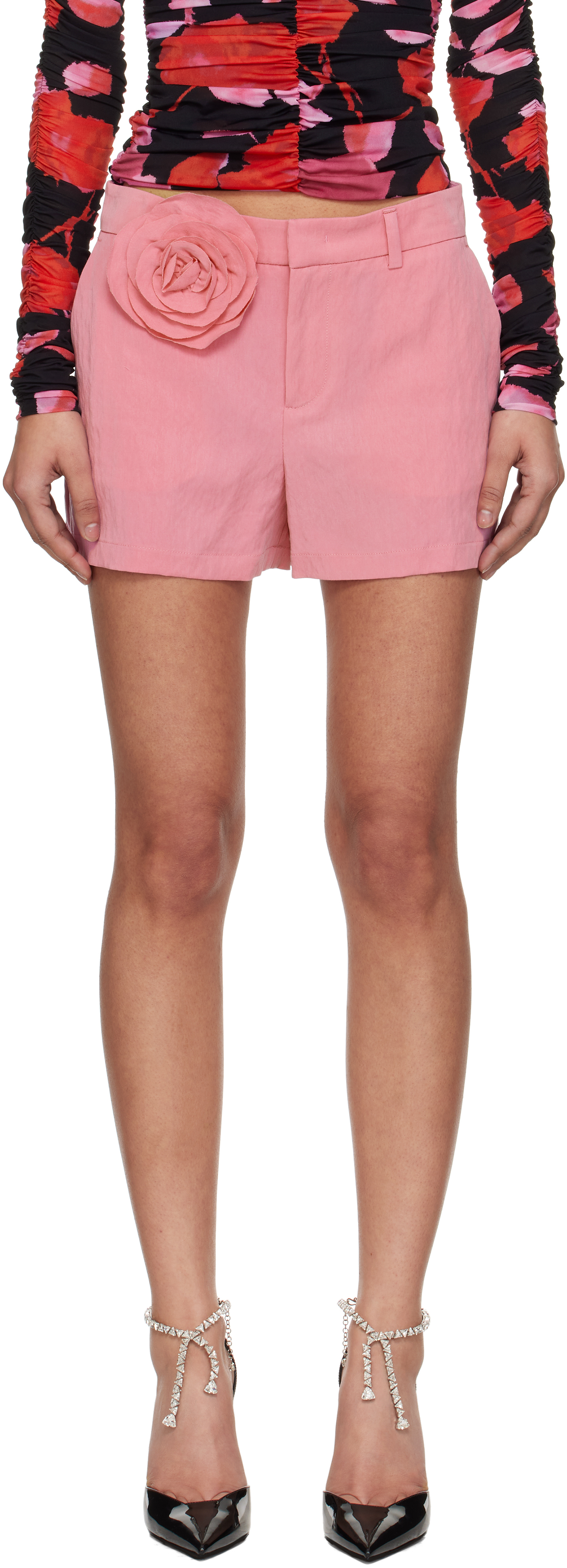 White Fluid Gabardine Rose Shorts