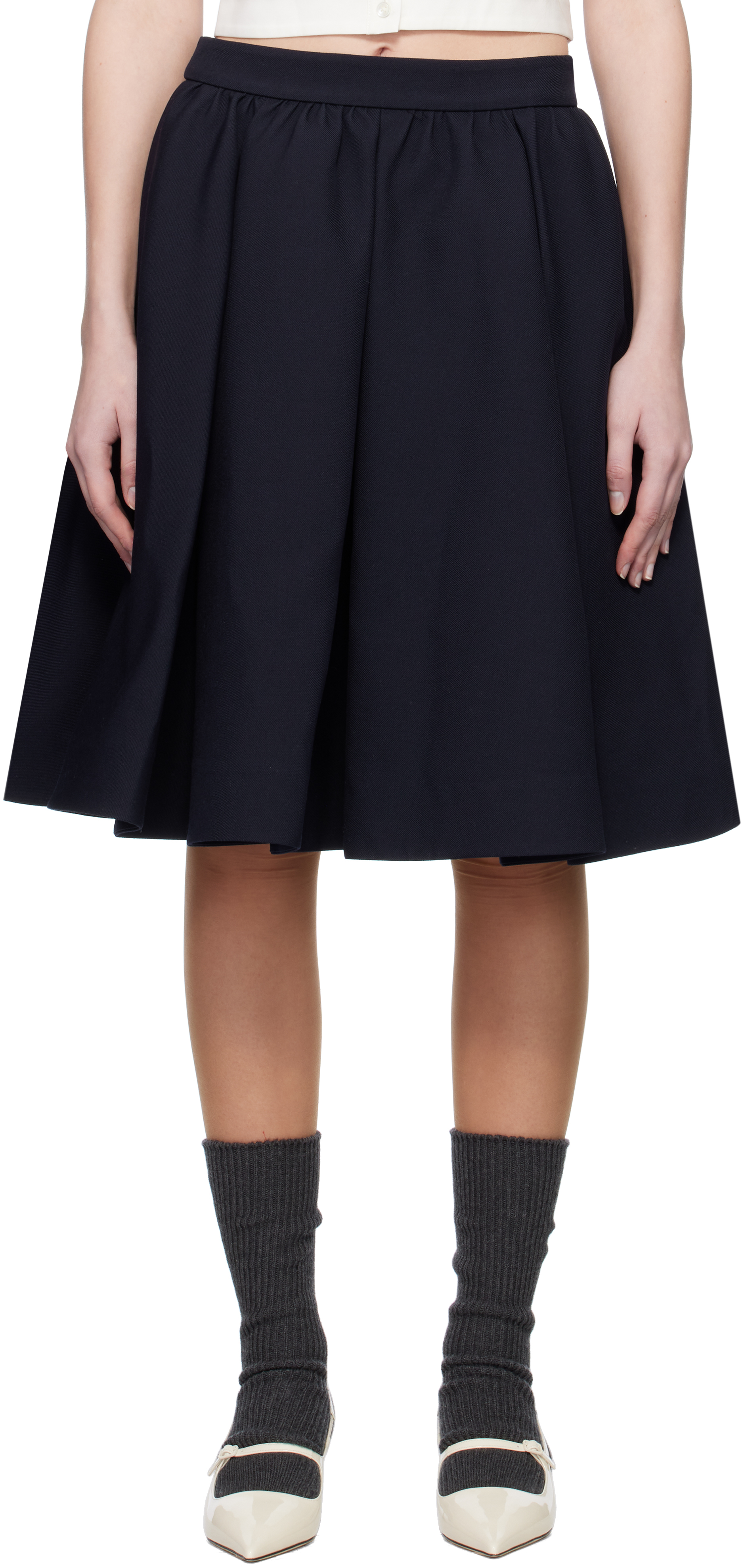 Navy Silhouette Pleated Midi Skirt